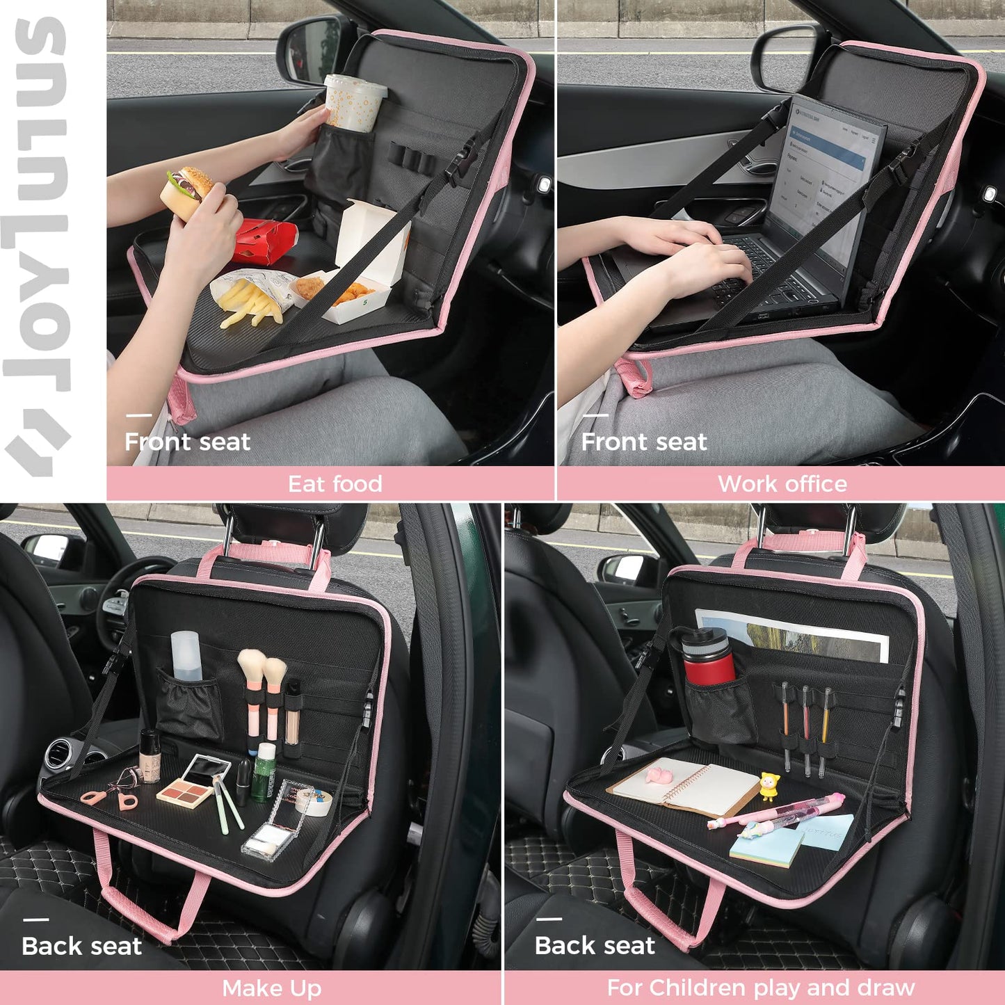 JOYTUTUS 3 in 1 Steering Wheel Eating Tray (Pink), Car Back Seat Laptop Desk, Multifunctional Office Bag Car Work Table for Writing, Car Organizer for Kids, Commuters, Family