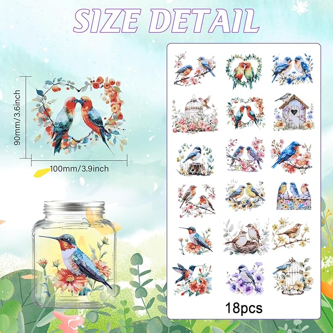 GLOBLELAND 18 Sheets Flowers and Bird Transfer Stickers 3.9x3.6inch Hummingbird