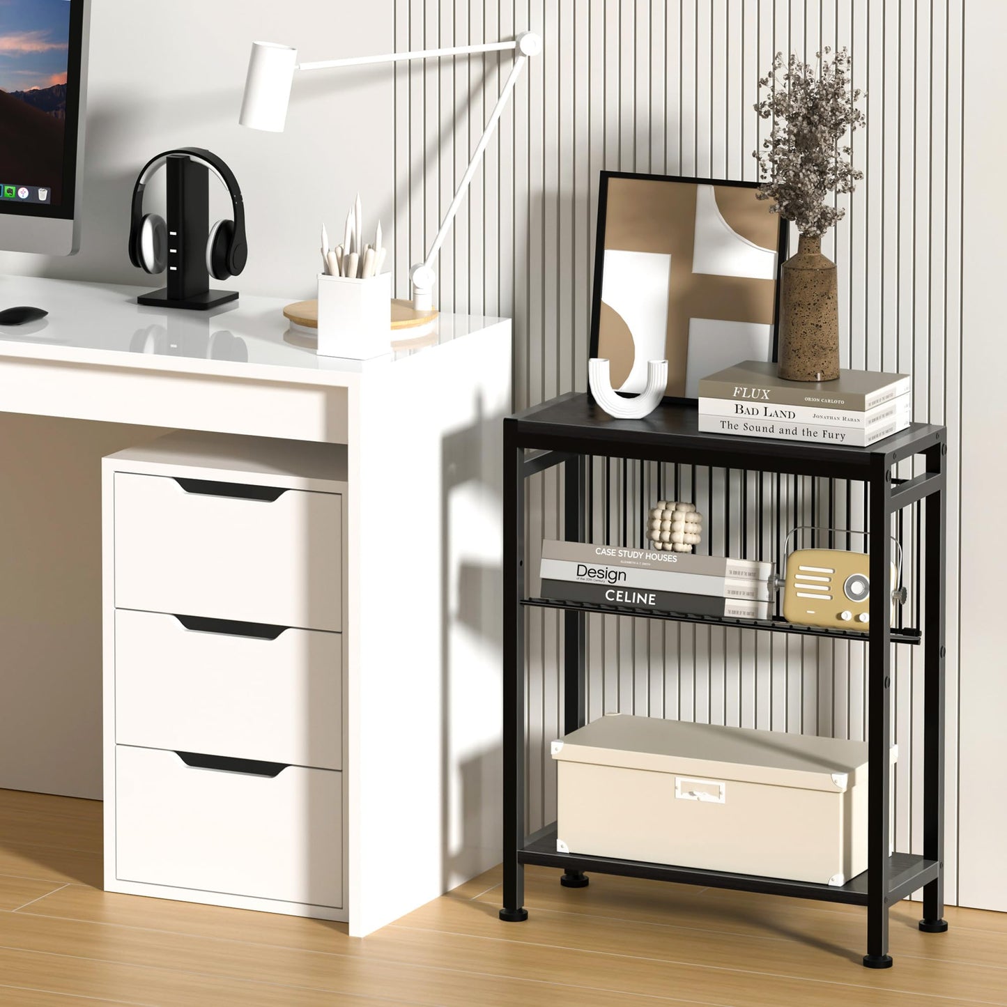 Lifenite Side Table for Small Spaces, Narrow End Table with Adjustable V-Shaped Magazine Rack, 7.1"D x 17"W x 21.7"H, Black