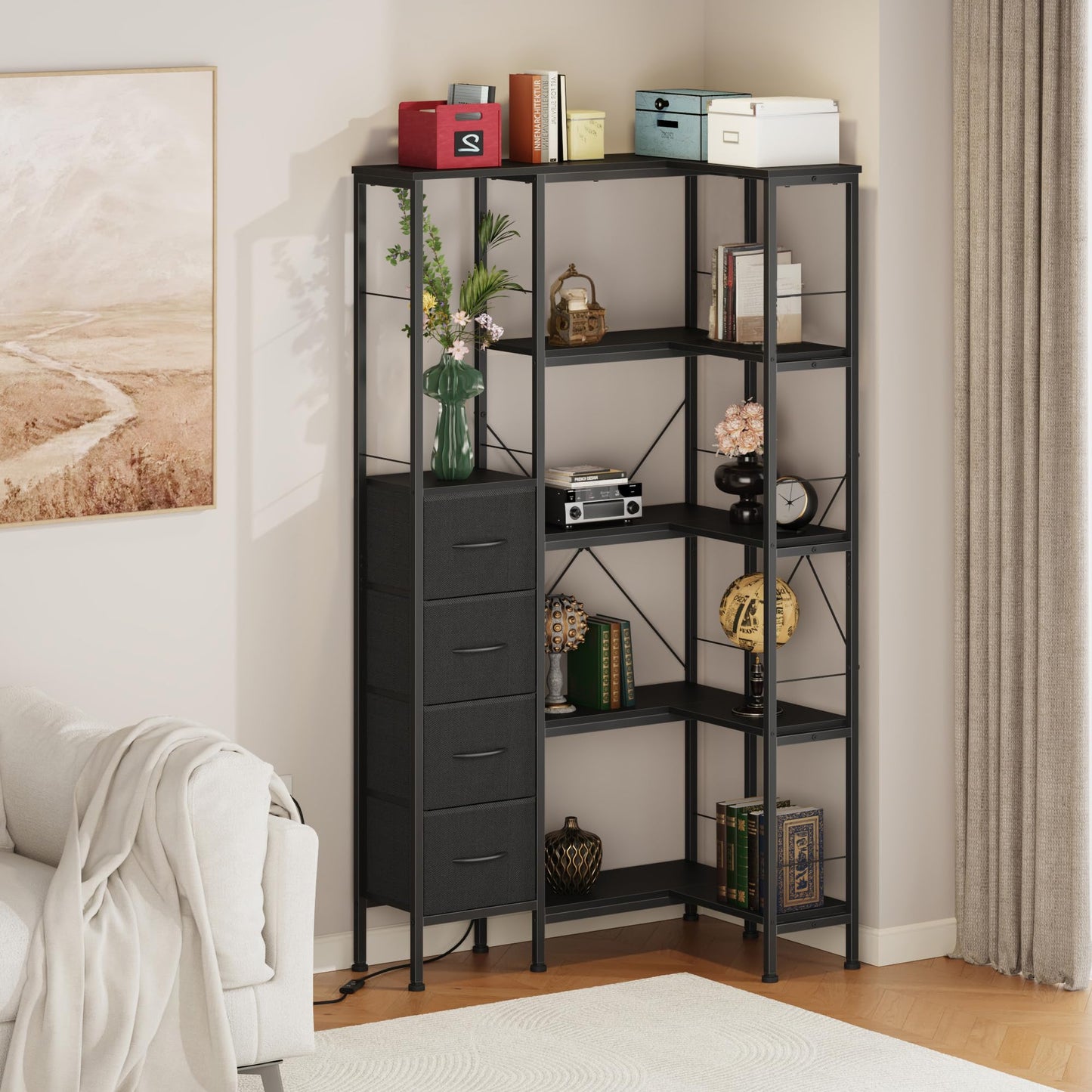 AFLUI Corner Bookshelf with LED Light Strips & 4 Fabric Drawers, 5-Tier Convertible Corner Shelf with Display Shelf, Large Wood Industrial Bookcase for Living Room, Bedroom, Home Office, Black