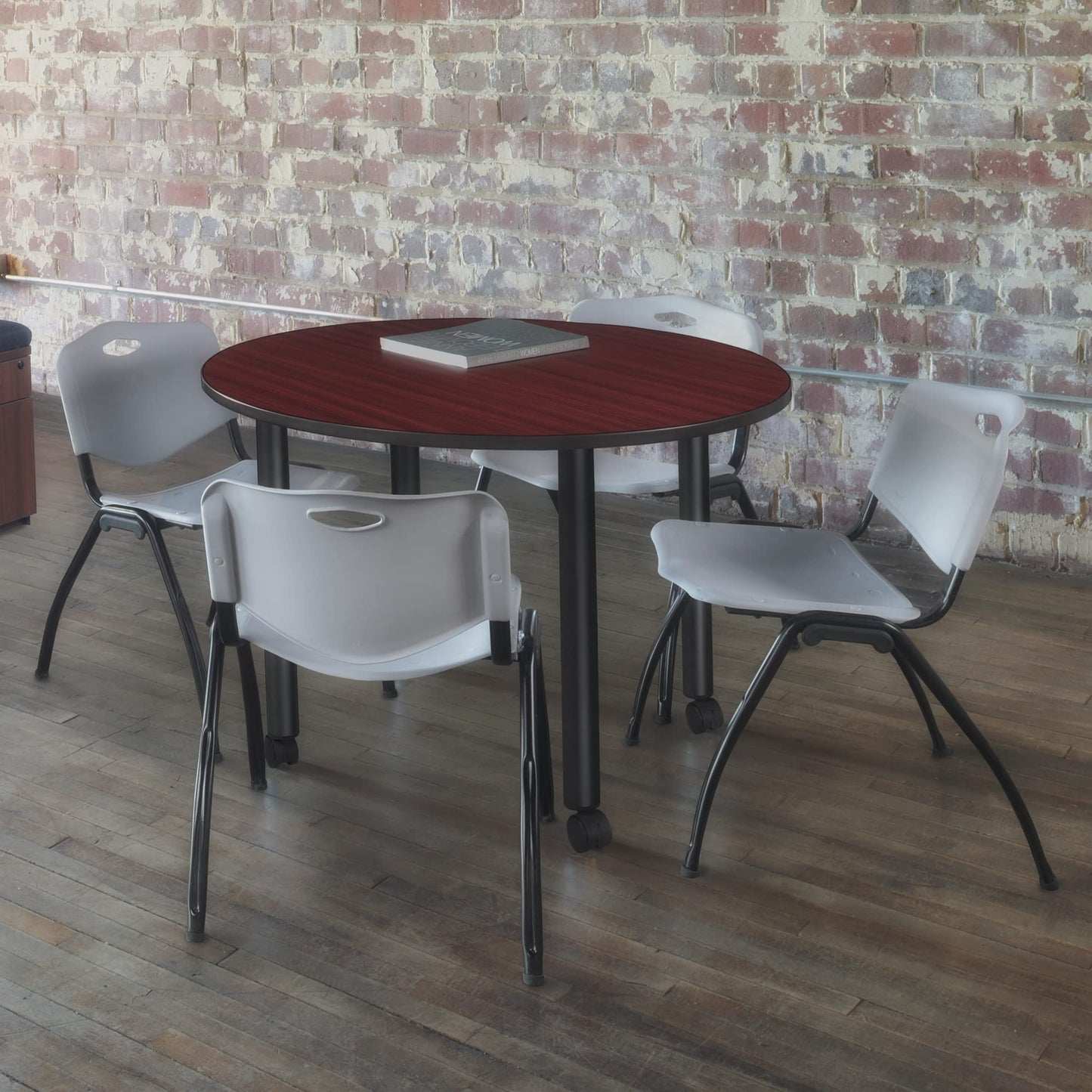 Romig Trek Small 30 in. Round Breakroom Table- Mahogany Top, Black Mobile Legs