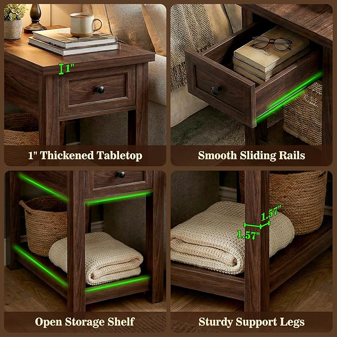 Narrow End Table Set of 2 with Charging Station