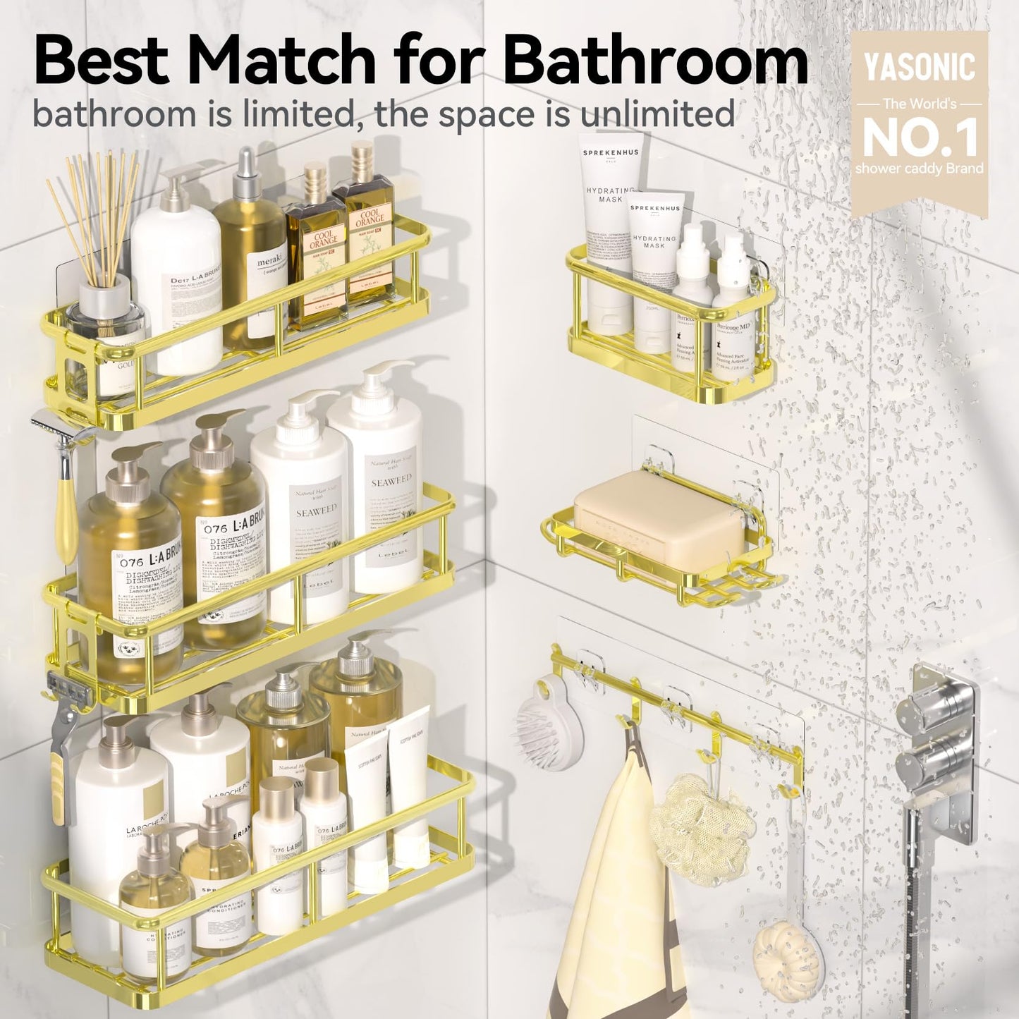 YASONIC Shower Caddy Adhesive, Rustproof Shower Organizer with Soap Holder, Large Capacity Shower Shelves for Inside Shower, No Drilling Bathroom Organizers and Storage for Home Decor（6 Pack Gold）