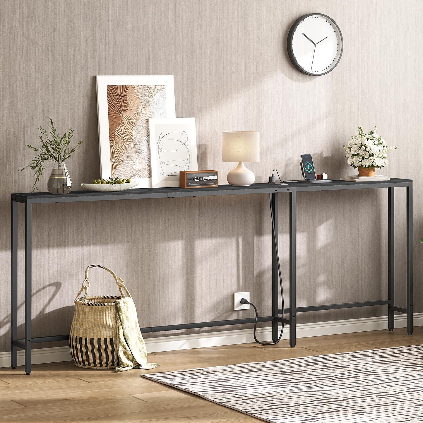 YATINEY Narrow Console Table with Outlets, 78.7" Sofa Table Narrow Long, L Shaped Behind Couch Entryway Table with Charging Station, for Living Room, Hallway, 3 Assembly Options, Black CT17UBB
