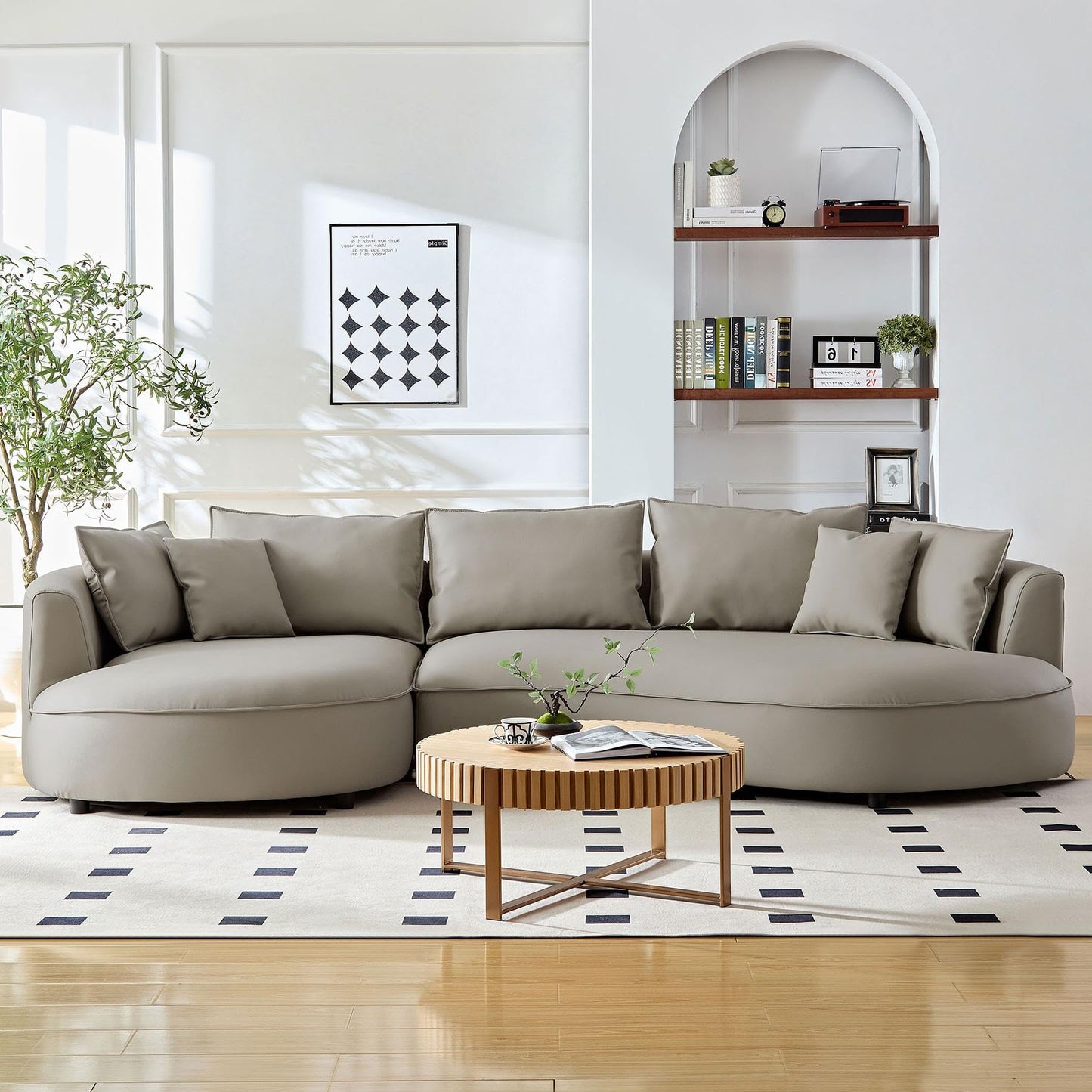 BBTJOINT L Shape Curved Sectional for Living Room, Bonded Leather Upholstered Furniture Sofa, Round Couch with semicircualr Chaise,Light Grey