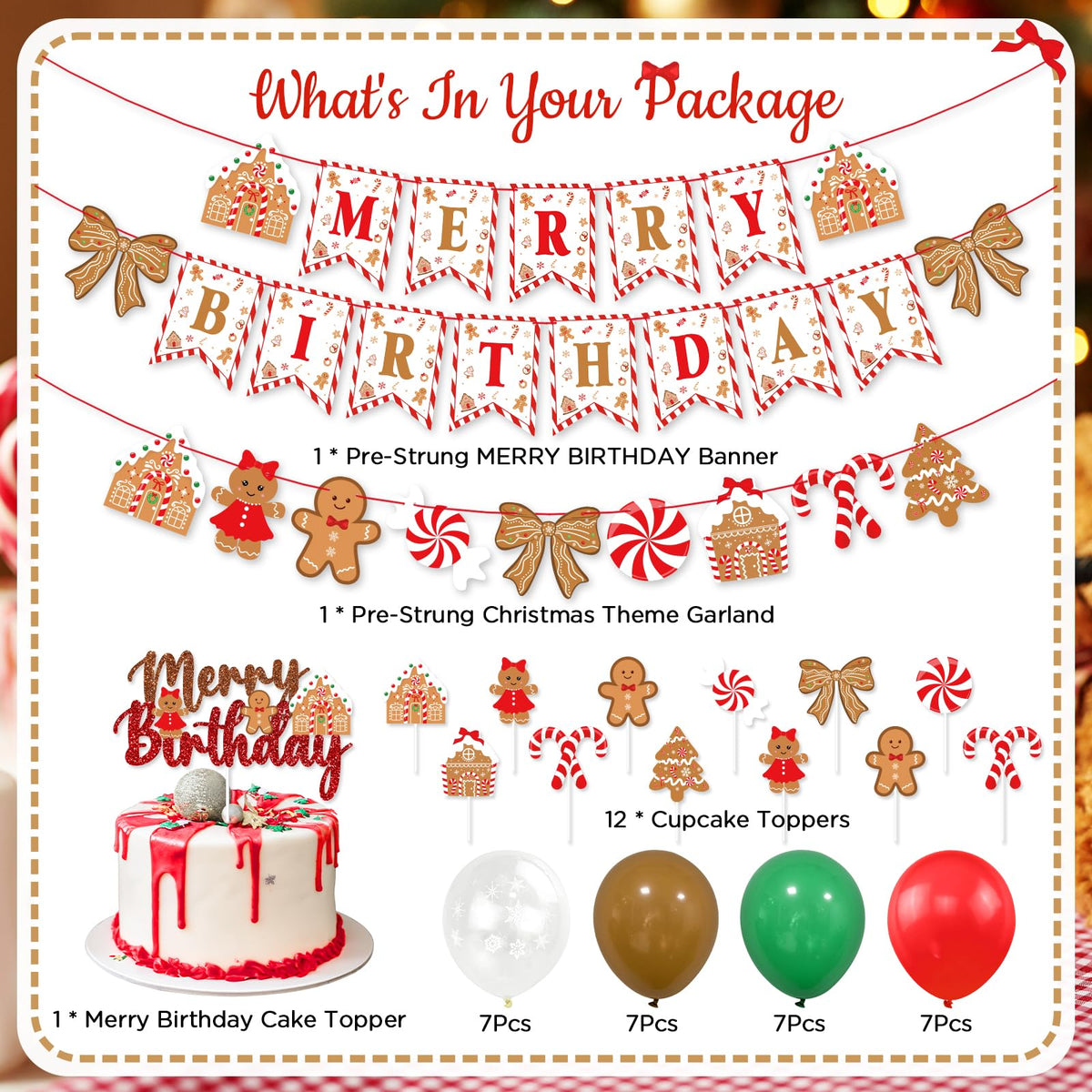 Christmas Birthday Party Decorations, Cute Bows and Gingerbread Merry Birthday Banner Cake Topper Red Green Snowflake Balloons for Gingerbread Christmas Decorations Holiday Party Supplies