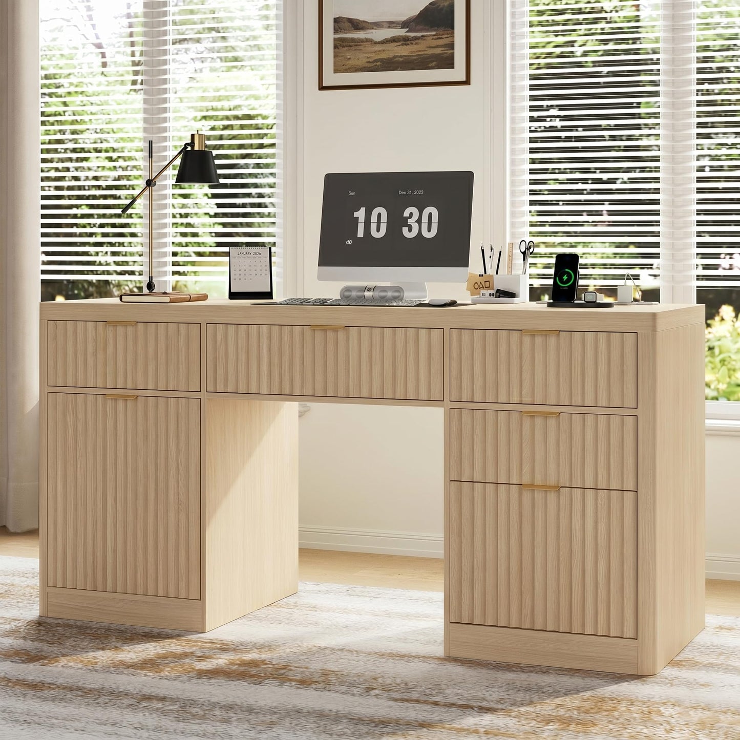 58" Fluted Executive Desk with Storage & Charging Station, Wood Modern Home Office Desk with 4 Drawers, 1 File Cabinet, 1 storage Cabinet, Computer Writing Desk for Work, Living Room, Bedroom, Natural