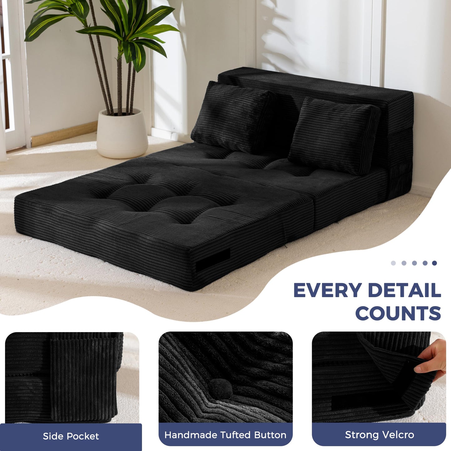 MAXYOYO Convertible Sofa Bed, Fold Out Sofa Couch with Pillow, 4 in 1 Tufted Folding Couch Bed Foam Floor Couch, Lazy Chair for Living Room Bedroom Guest Room, Black