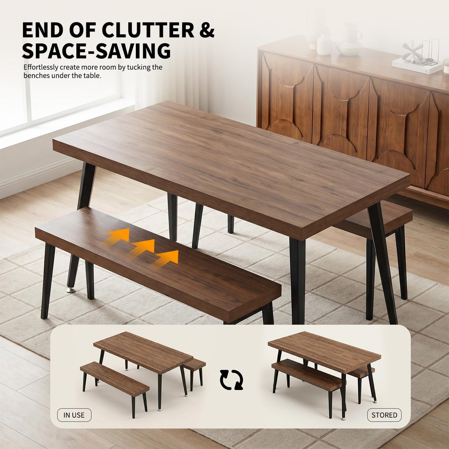 ZckyCine 3-Piece Dining Table Set with 2 Benches, 71" Modern Industrial Kitchen Table Set with Thick MDF Wood Top and Heavy Duty Metal Legs, Space Saving Dinner Table and Benches for Dining Room