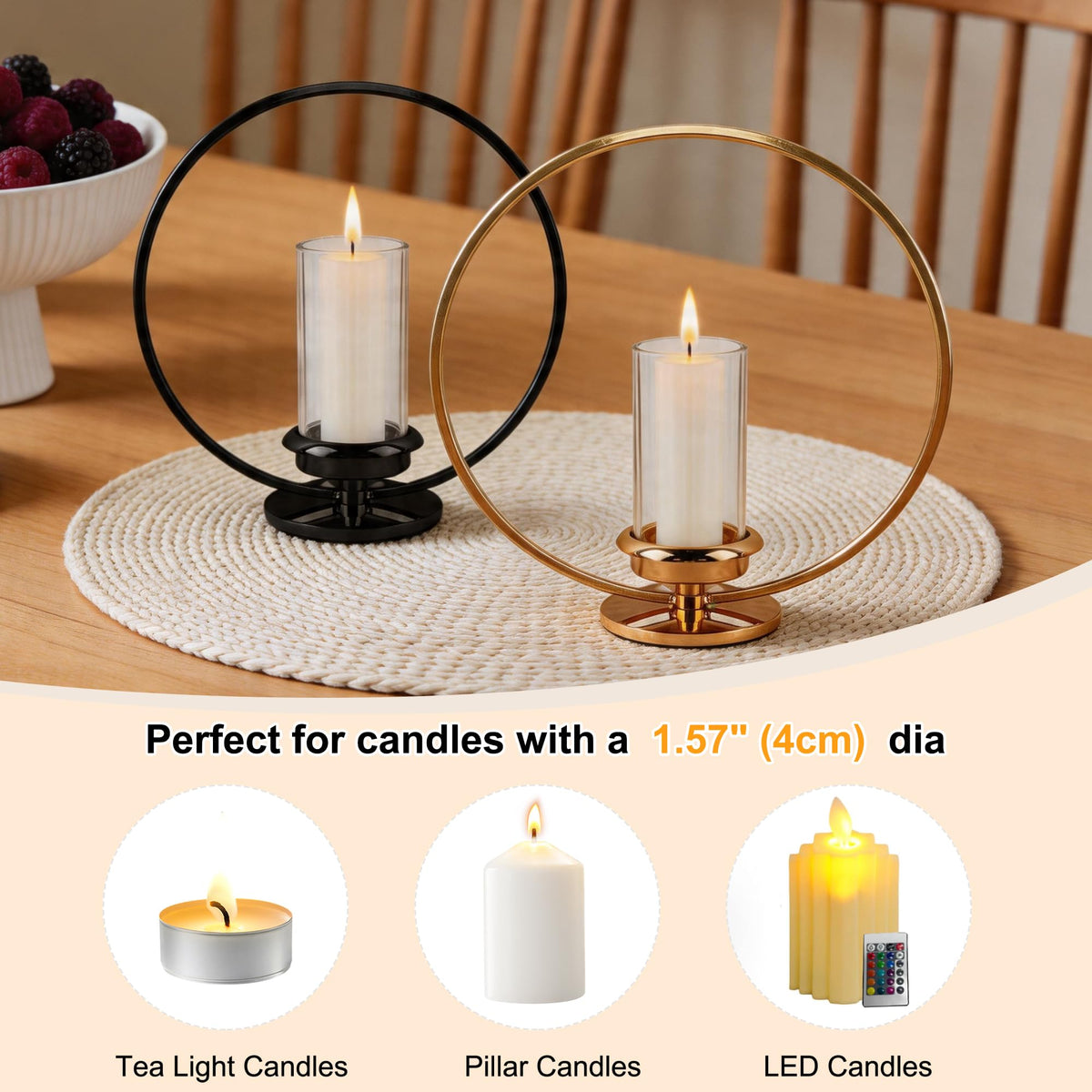 HiSnug Hurricane Candle Holders Set - Circular Metal Candlestick Holders with Glass Sleeve, 2PCS Simple Decorative Candleholder for Dining Table Centerpiece Shelf Home Decor, 2PCS, L+L, Gold