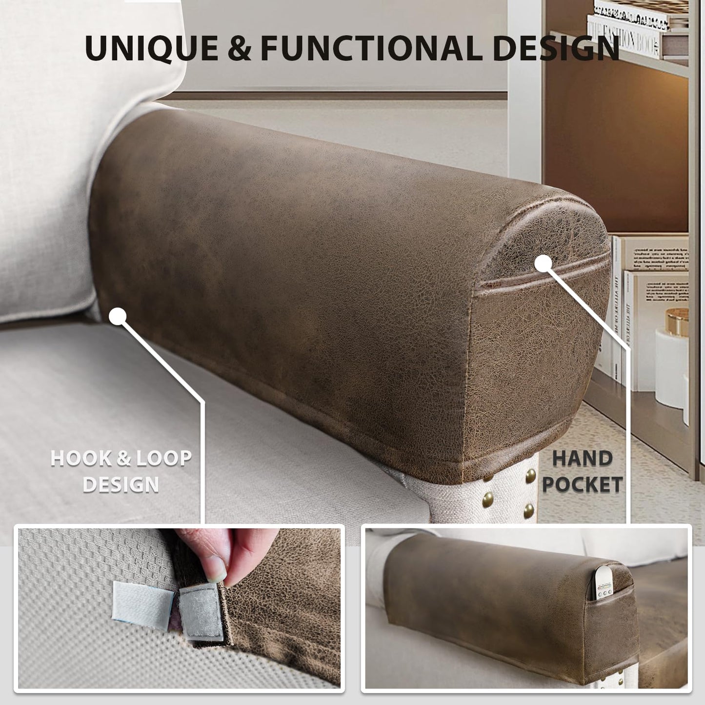 ANARACHON Leather Look Couch Arm Covers Set of 2 Armrest Covers for Sofa Chair Arm Protectors Stretch Armchair Slipcovers with Pockets Washable Spandex Fabric (Large, Light Brown)