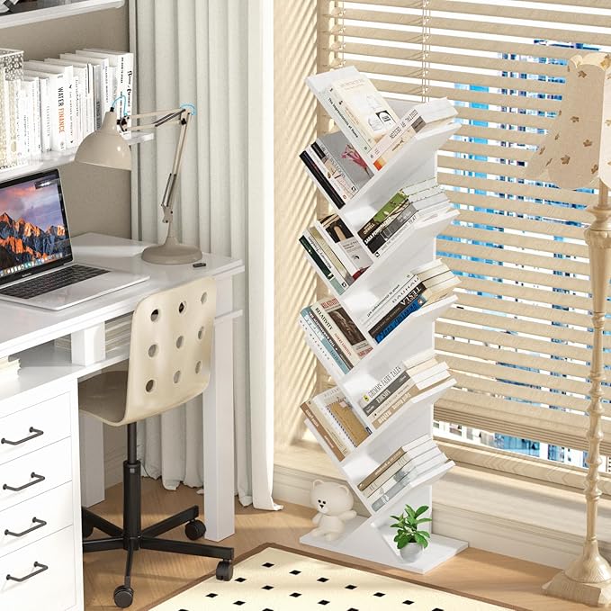 SHEEPAM 10 Tier Tree Book Shelf, Floor Standing Wood Bookshelf