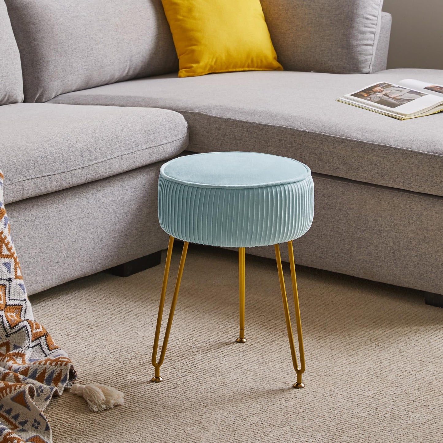 IBUYKE Velvet Round Footrest Stool Ottoman, Makeup Vanity Stool Side Table, Velvet Dressing Table Seat, Pouf Couch Stool, Golden Steel Legs, Blue LG-30H