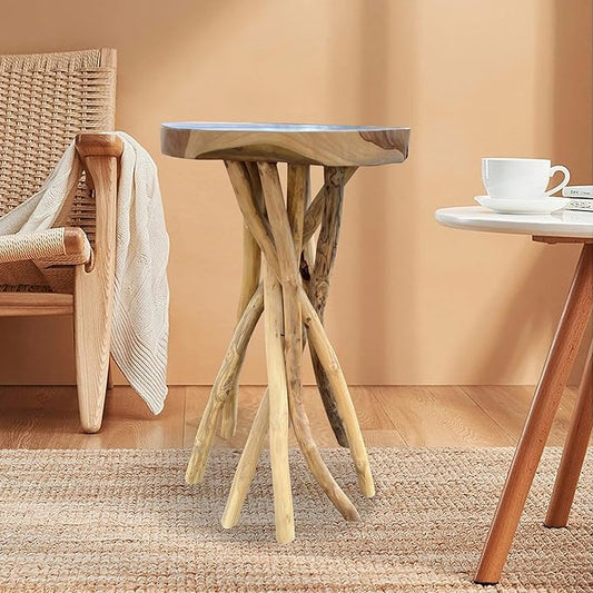 Greenage Teak Branch Coffee Table 15.7"x15.7"x27.6" Wooden Live Edge Side Table