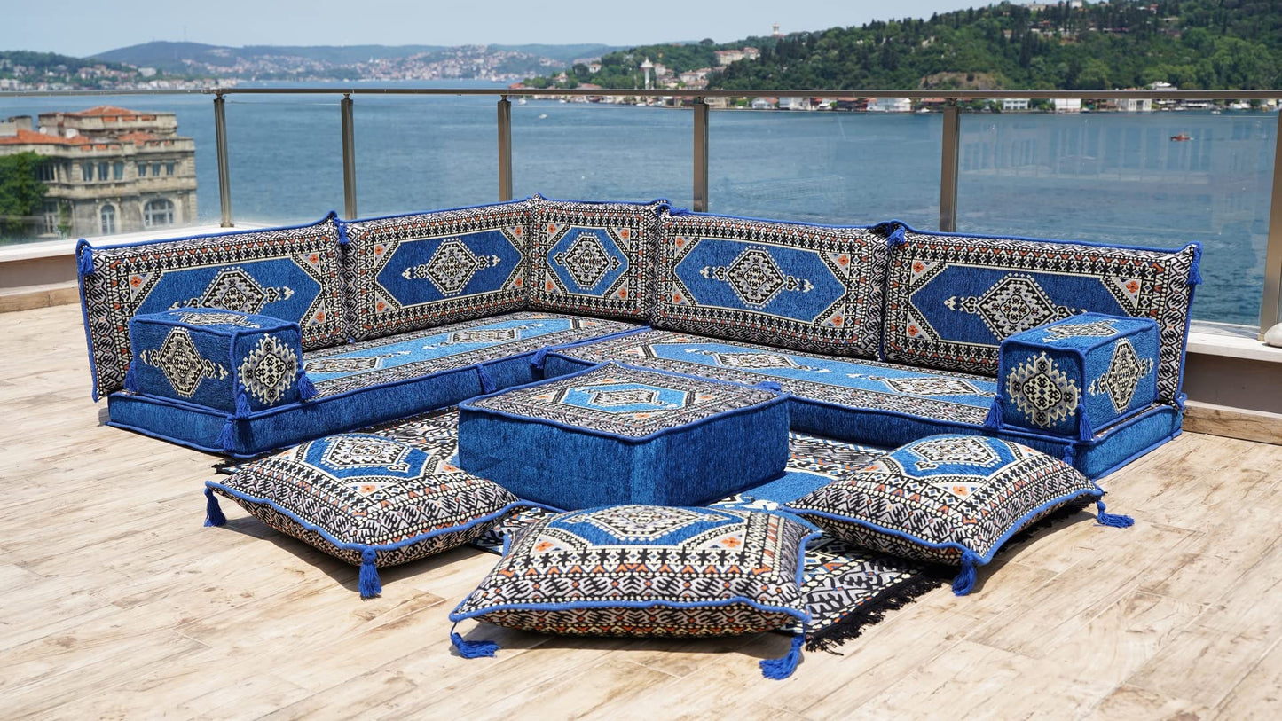 L Shaped Arabic Floor Cushions, Sectional Sofas, Arabic Majlis Set, Custom Made Sofa, Arabic Sofa Set, Seating Cushions (4'' Thickness Sofa, L Sofa Full Set, Royal Blue)