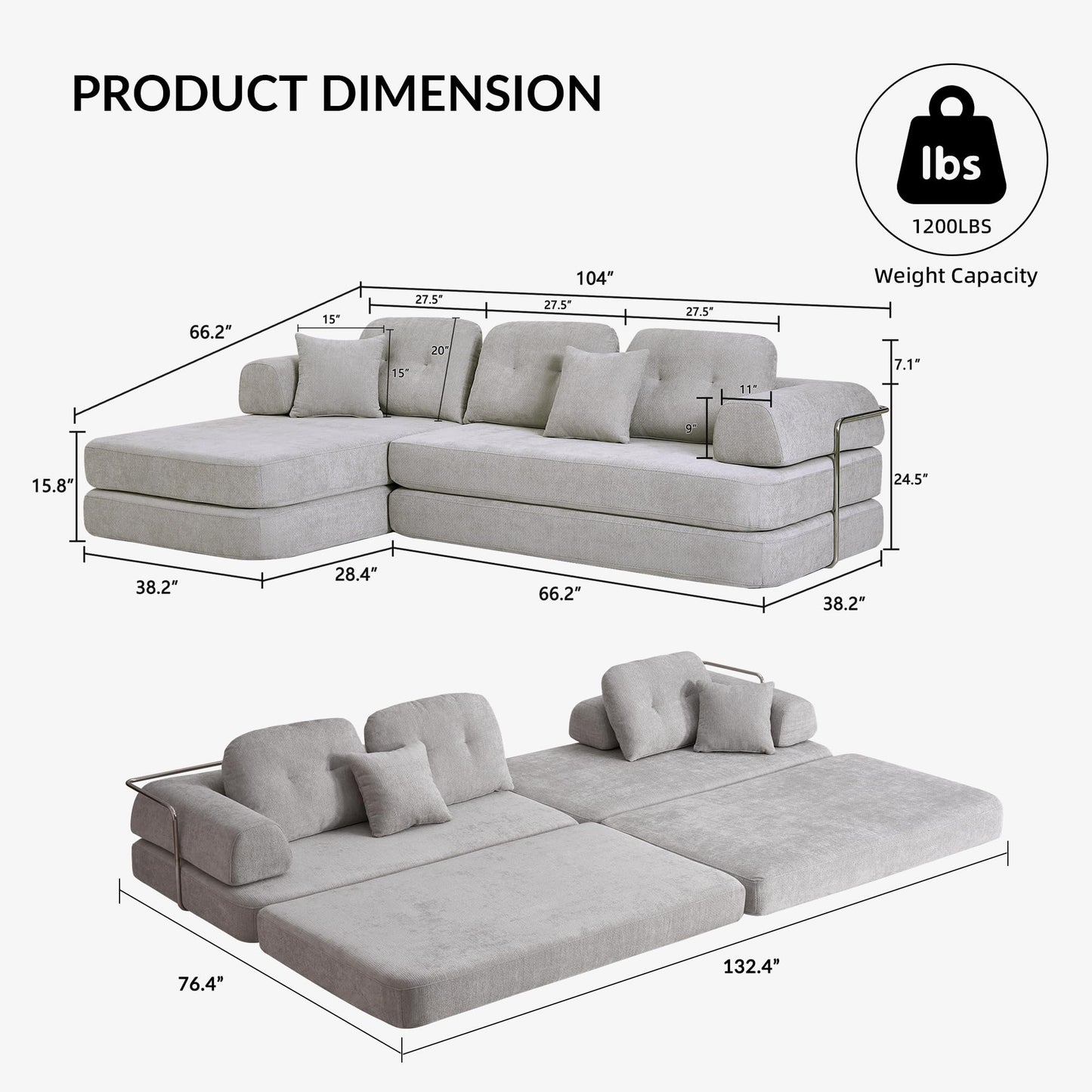 YasuSoofa Boneless Sectional Couch with Chaise, Convertible L-Shape Floor Sleeper with High Headrest, Modular Sofa Bed for Living Room Apartment, No Assembly, Beige