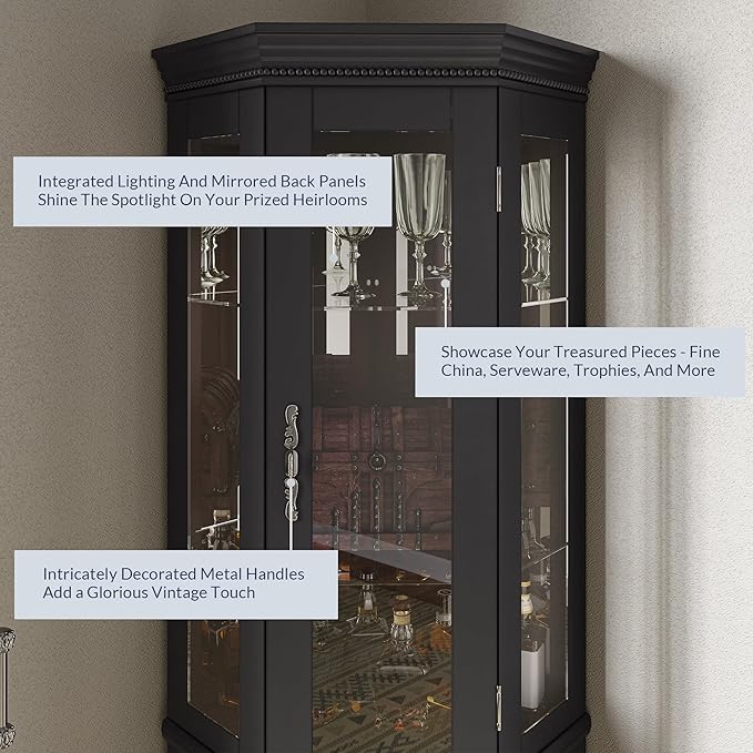 BELLEZE Lighted 3-Side Glass Display Curio Cabinet w/Tempered Glass Doors &