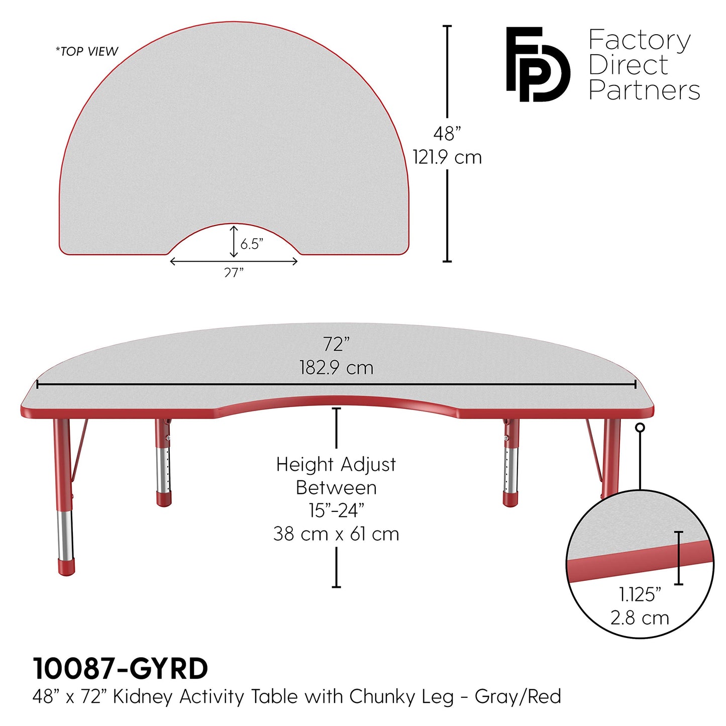 FDP Kidney Activity School and Classroom Kids Table (48 x 72 inch), Chunky Toddler Legs for Collaborative Seating Environments, Adjustable Height 15-24 inches - Gray Top and Red Edge
