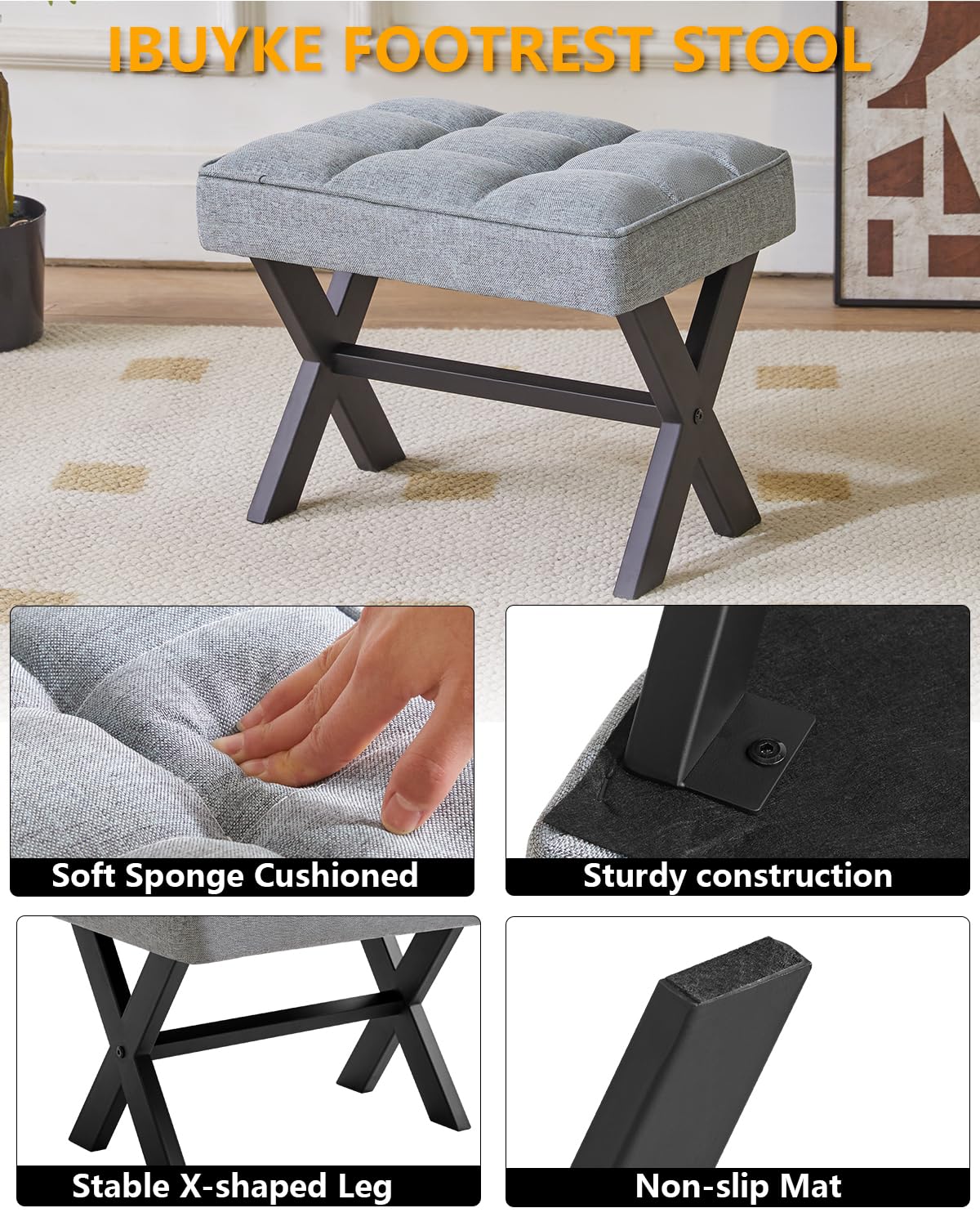 IBUYKE Small 12" H Footrest Stool, Square Linen Foot Stool with Metal X-Leg, Multi-Use as Small Side Table, Step Stool for Living Room, Bedroom, Entryway, Office, Blue Gray WBD011L