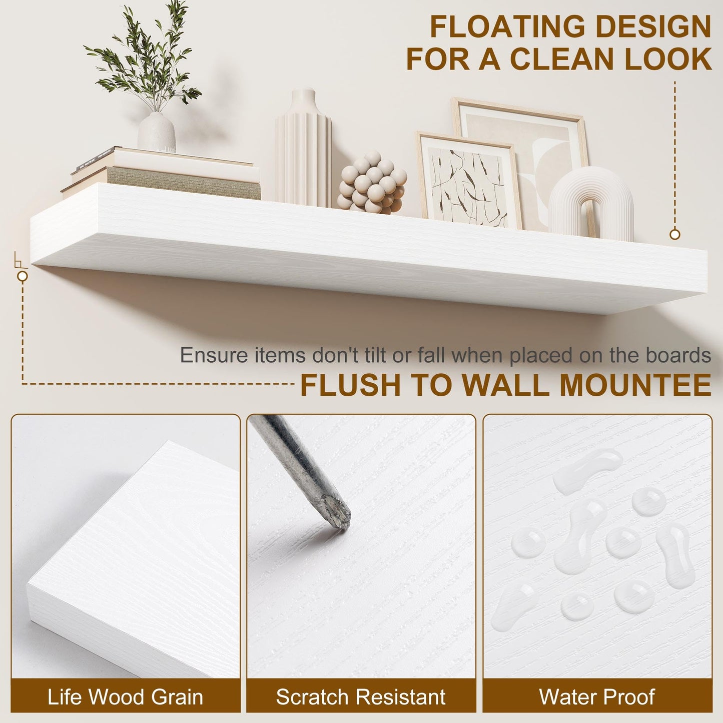 Fun Memories Floating Shelves for Wall, 20Inch Floating Shelves Set of 2, Hanging Shelf with Invisible Brackets, Wood Shelves for Living Room, Bedroom, Kitchen, White