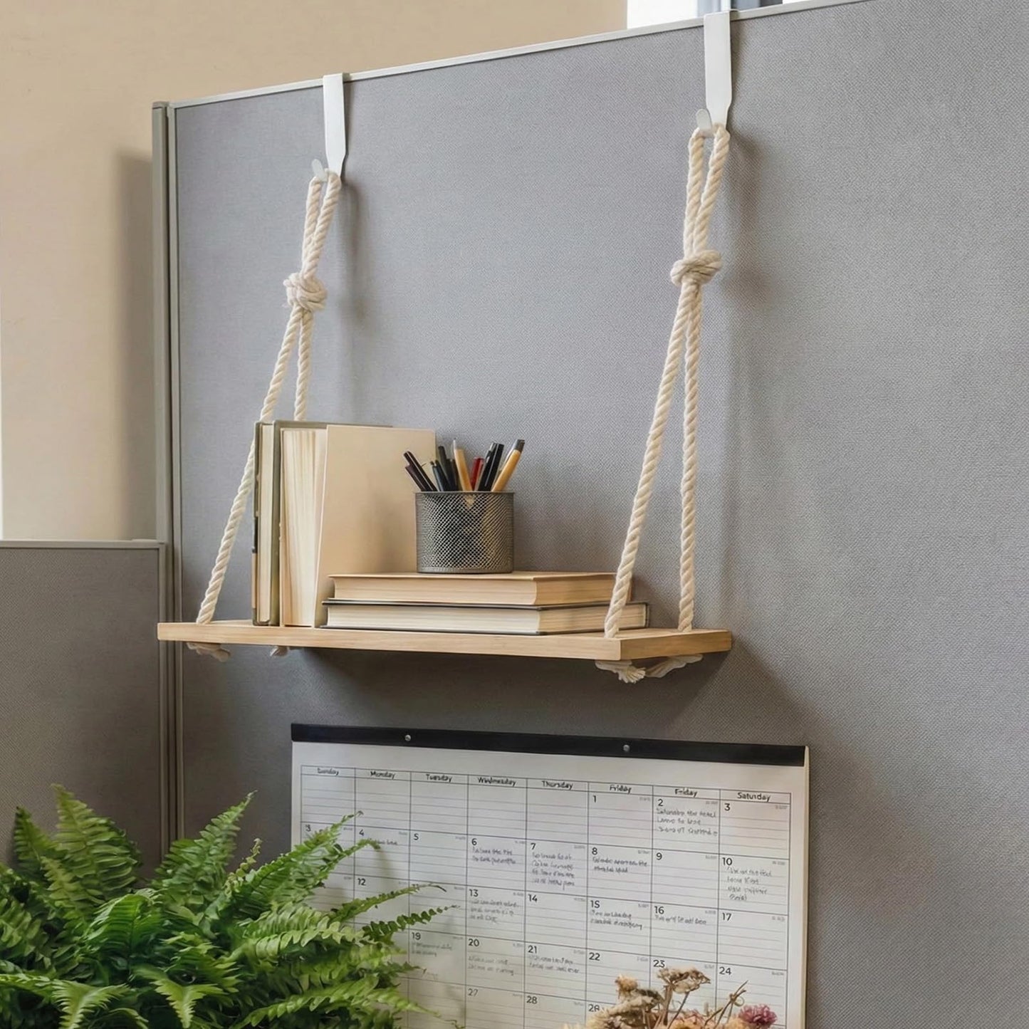 Fernlandia 2-Pack Cubicle Shelf Hanging, Office Cubicle Wall Shelf with Rope Adjustable Hooks, Office Decor Desk Accessories, Organizer, Storage in Workspaces