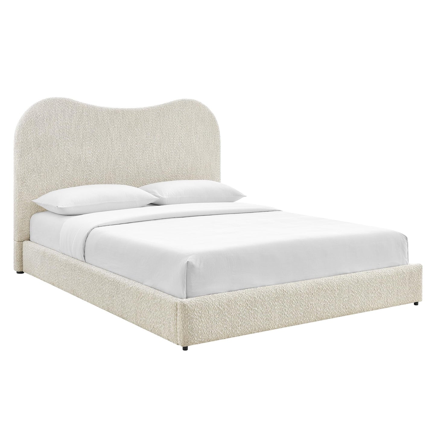 Seluna Queen Size Boucle Platform Bed in Pearl with Curved Headboard – Upholstered Queen Bed Frame with Wood Slats