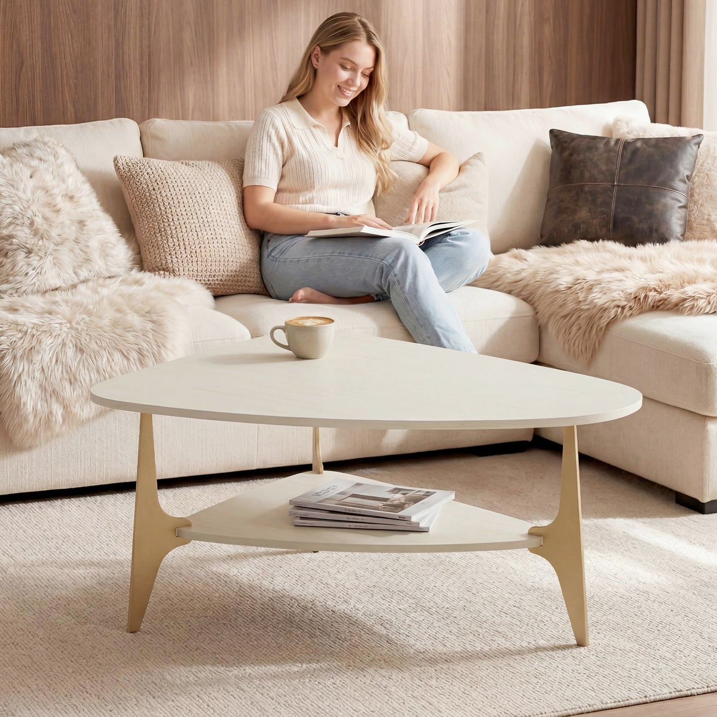 MWOOD Triangle Coffee Table, 33.5″‌ Modern Coffee Table with Storage Shelf, Waterproof Easy to Clean Center Table for Living Room, Apartment, White & Gold