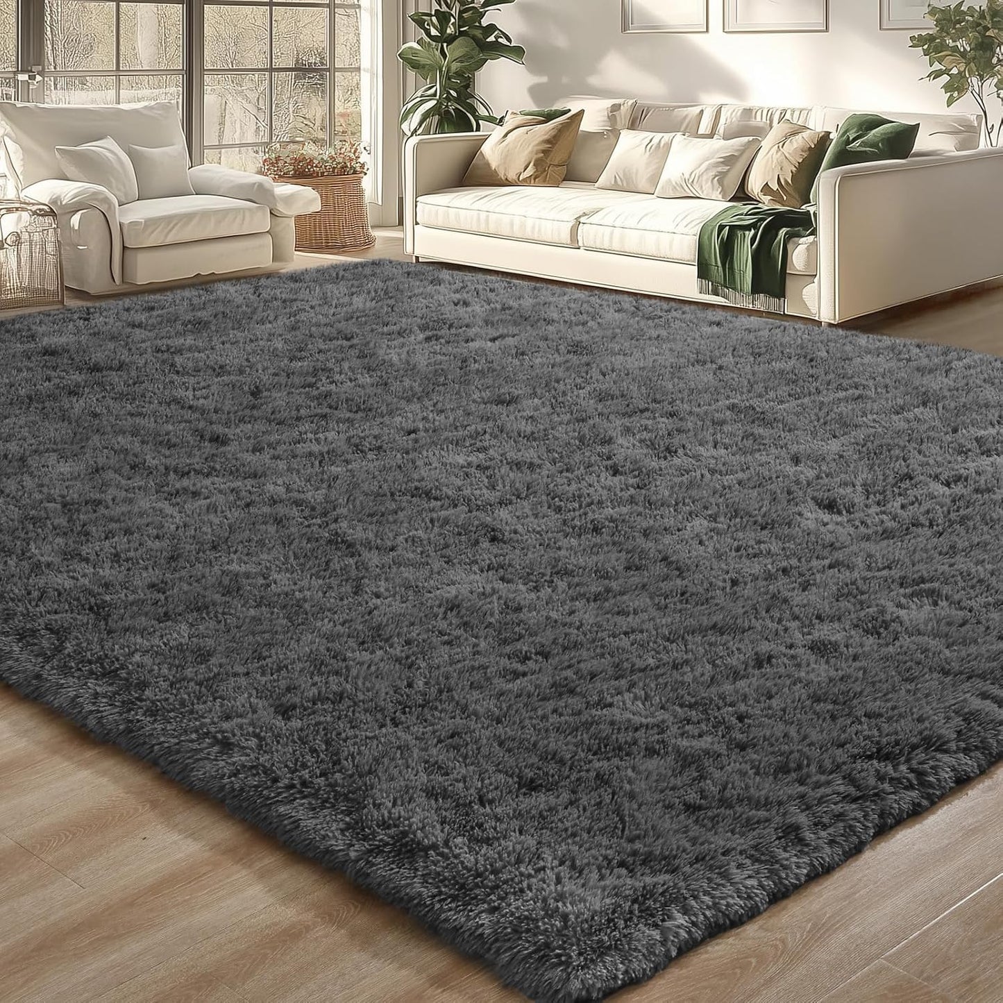 Merelax Modern Soft Fluffy Large Shaggy Rug for Bedroom Livingroom Dorm Kids Room Indoor Home Decorative, Non-Slip Plush Furry Fur Area Rugs Comfy Nursery Accent Floor Carpet 4'x6' Dark Grey