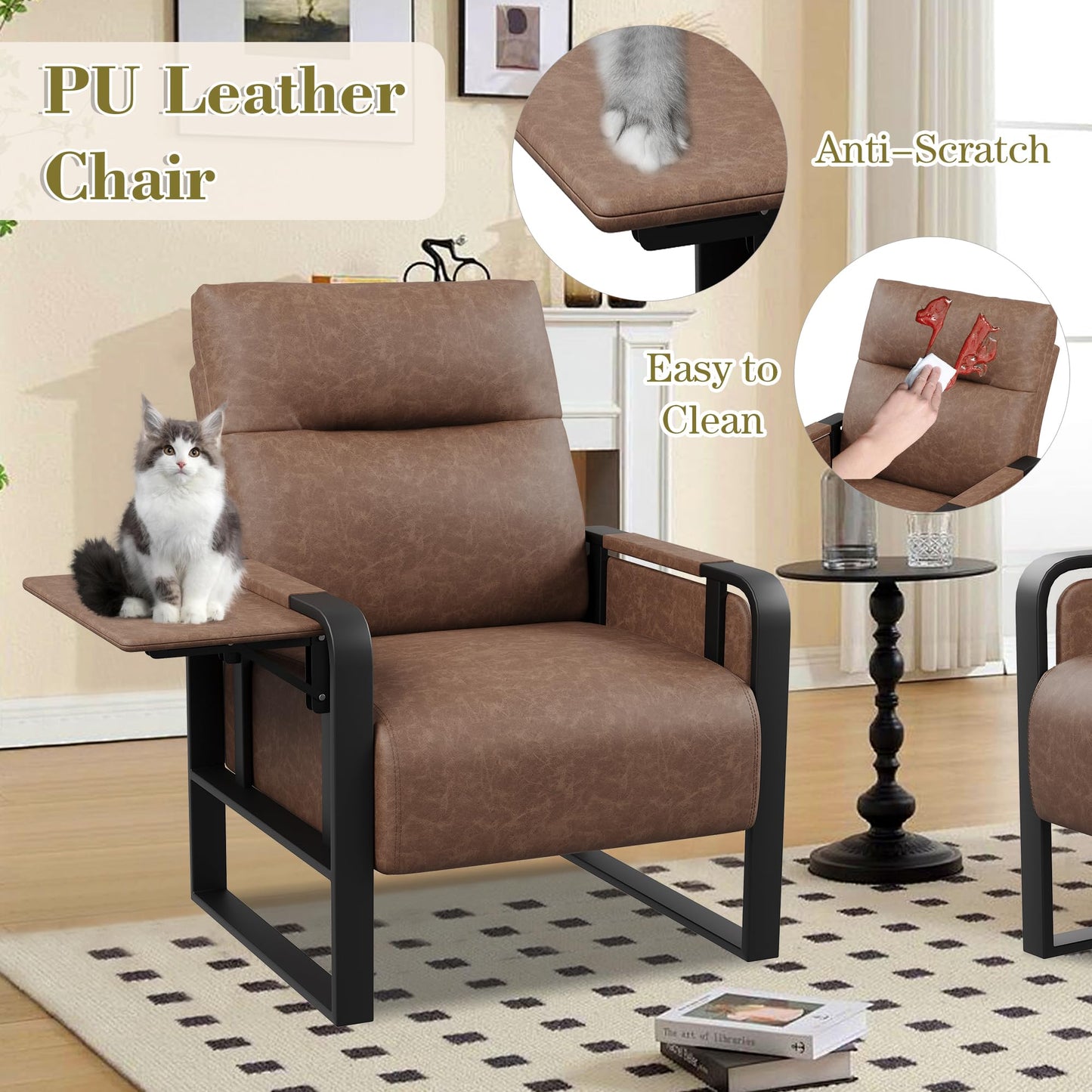 Apeaka PU Leather Accent Chair with Foldable Table, Modern Upholstered Armchair for Living Room Bedroom Office Side Chairs Dark Brown