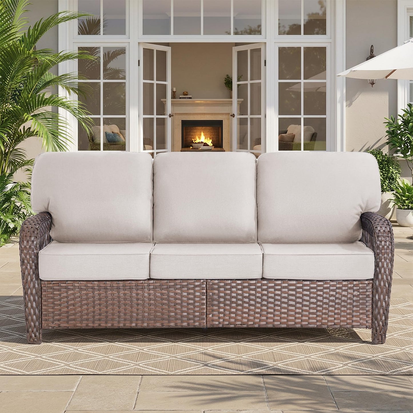 Belord Luxury Outdoor High Back Couch, All-Weather Wicker 3-Seater Sofa, Wicker Patio Furniture for Deck Porch Garden,Beige