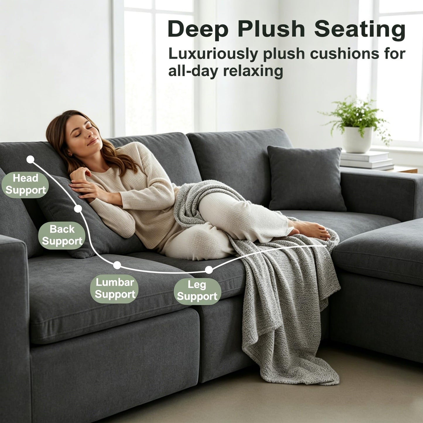 Nigoone 108" Sectional Couches for Living Room, Adjustable Sofa Backrest, Modular Cloud Sofa with Ottoman, Convertible L Shaped Boneless Couch, 4 Seater, Dark Grey Chenille, No Assembly