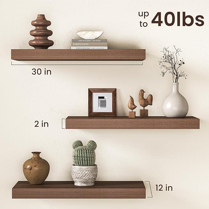 30Inch Walnut Floating Shelves for Wall, 12 Inch Deep Shelves for Bedroom