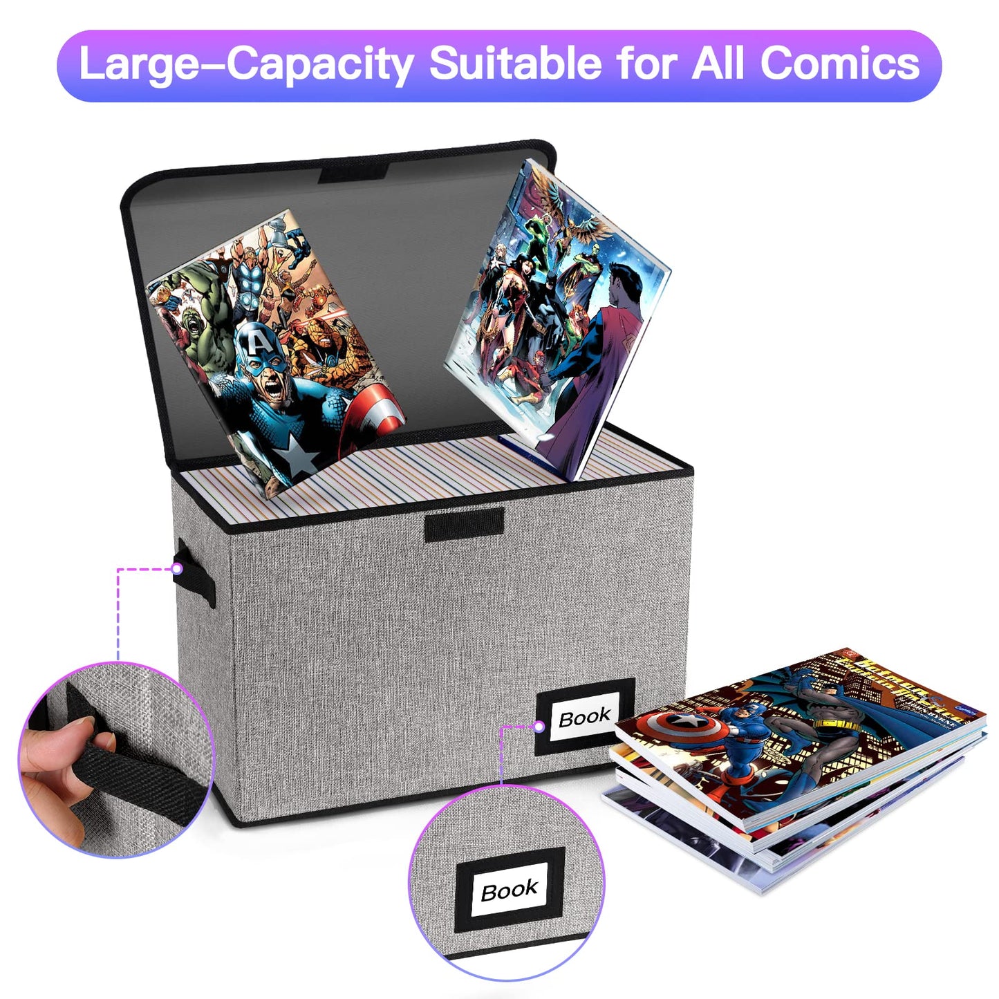 YNSZAS 2 Pack Comic Book Storage Box, Protector Organizer, 15.8" X 7.8" X 11.8", Collapsible Short Box, Holds 160-180 Books, Heavy Duty Container Holder Shelf Bin (Grey)