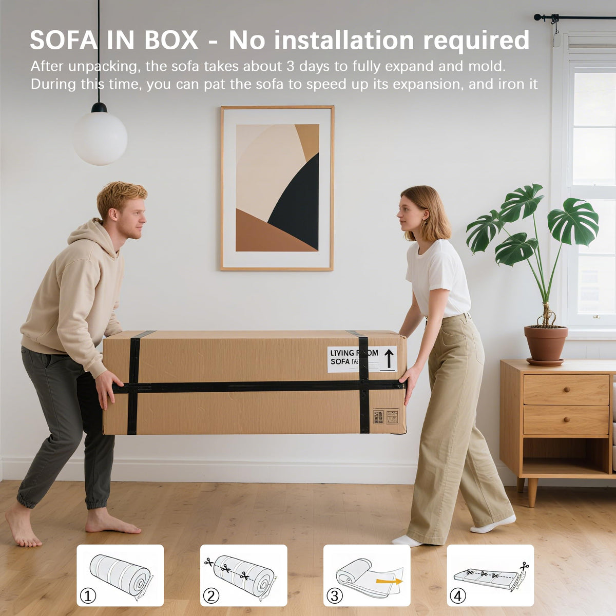 83" Modern Sofa in a Box, No Assembly Oversized 3 Seater 28" Deep Seat Cloud Sofa Bed Couch with 4 Furry Pillows & Corduroy Fabric, Boneless Couch with Side Storage Pockets for Living Room, Dark Grey
