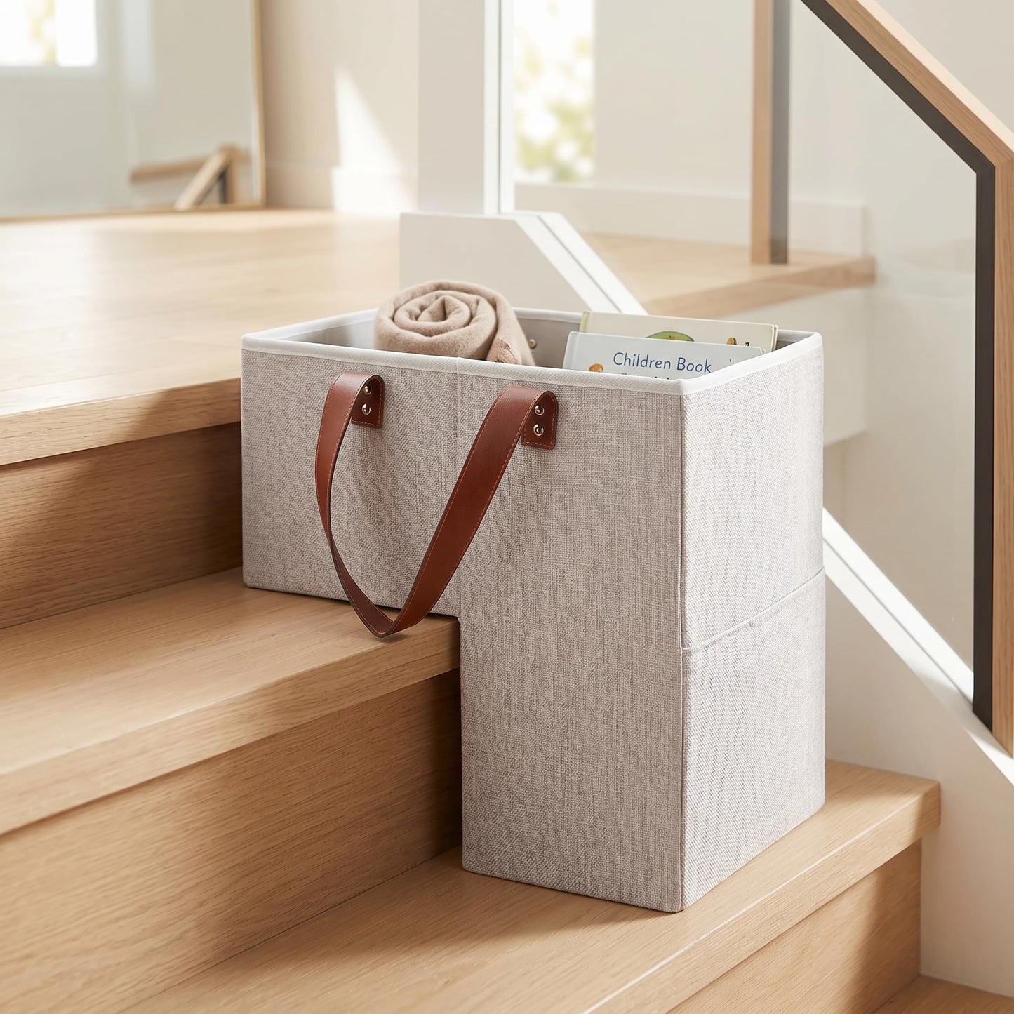 NOVEMBER SPRING Stair Basket - Stair Basket for Wooden and Carpeted Stairs,Foldable Staircase Baskets with Leather Handle & Side Pocket, 16" L x 10" W x 16" H Storage Staircase basket