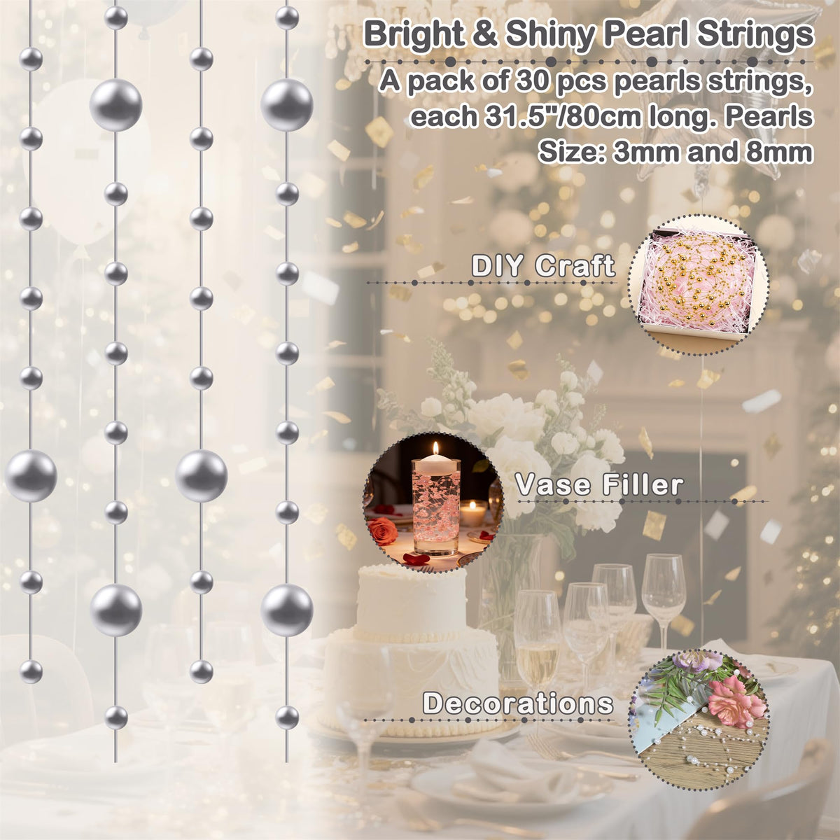 YATOJUZI 30 PCS Artificial Pearl String Silver Vase Filler Floating Pearls for Vases Centerpieces Faux Pearl Beads String Decorations Wedding Holiday Party Decor