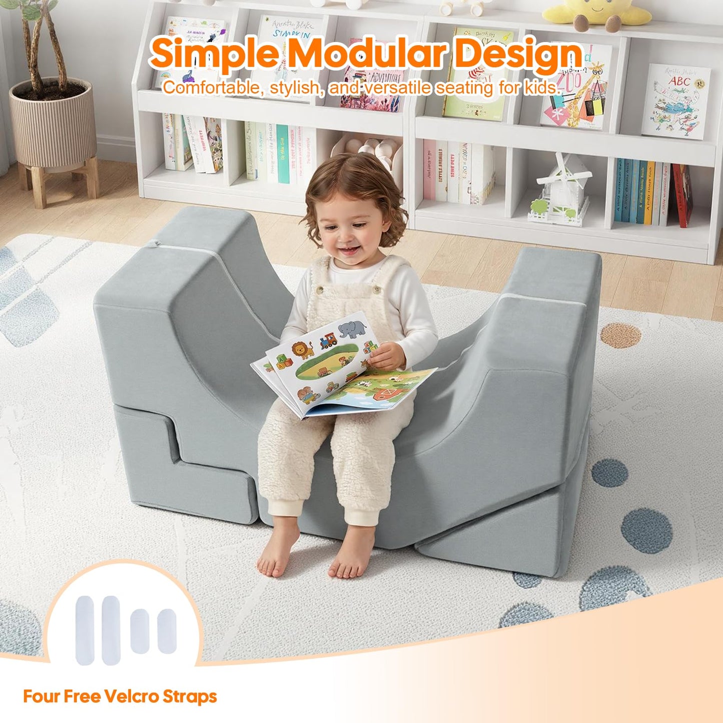 MeMoreCool Modular Kids Sofa – Convertible Foam Couch with Slide & Stair, Playroom & Bedroom Sectional Child Furniture | Soft Washable Cover | Ages 3+ | Grey
