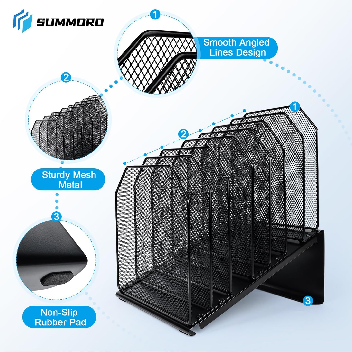 SUMMORO Inclined File Organizer for Desk, 7-Section Vertical File Folder Holder Office Desk Organizer Metal Rack File Wire Mesh Desktop Document Sorter for Office School Classroom Home (Black)