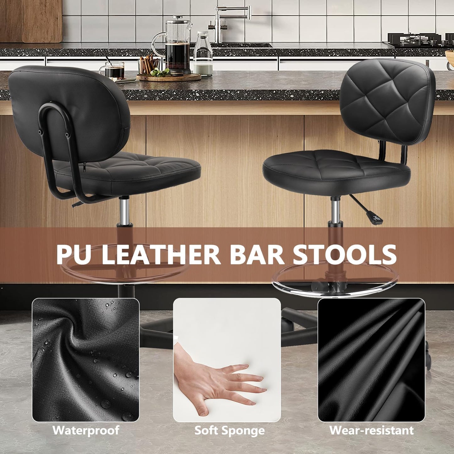 KLASIKA PU Leather Rolling Bar Stool with Wheels and Back, Tall Drafting Stool with Adjustable Height and Footrest, Multi-Purpose Office Desk Chair for Home Kitchen Shop Work, Black (1PK)