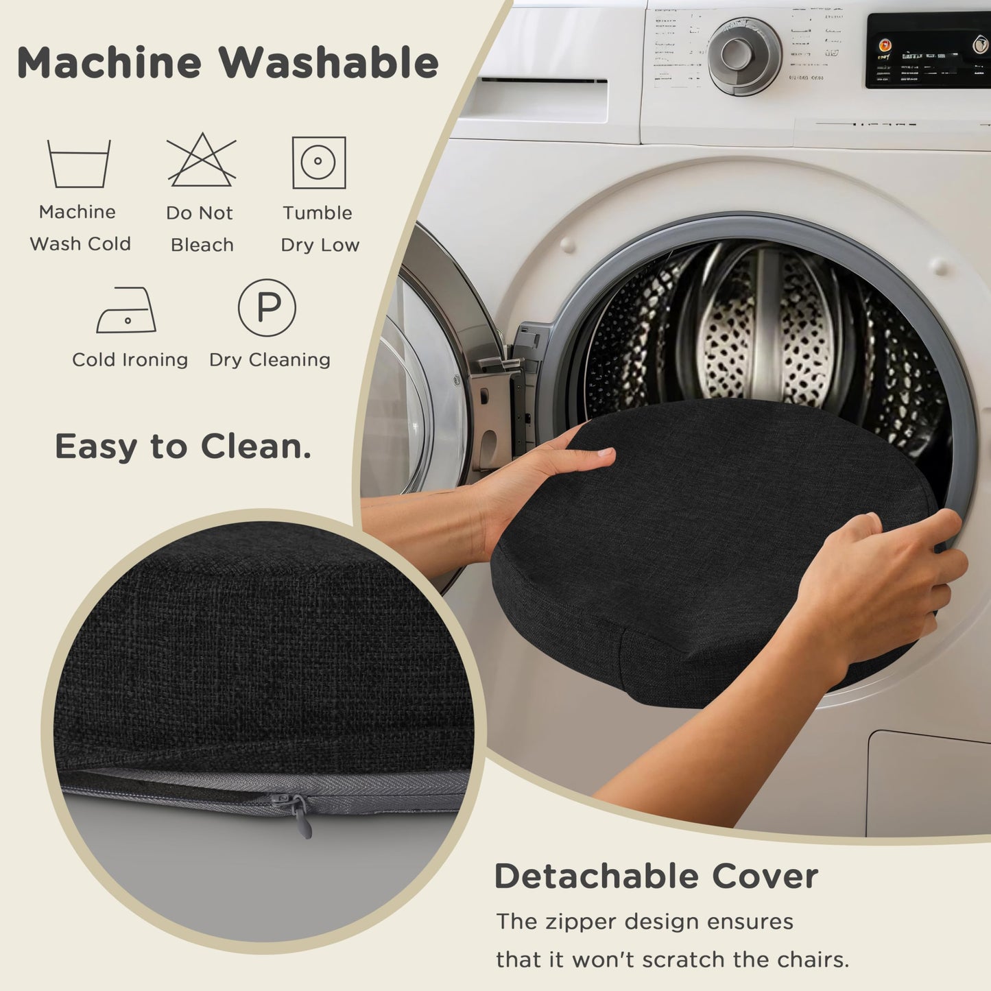AddGrace 2.5" Thick Non Slip Round Chair Pad 1 Pack, 16" Round Chair Cushion with Machine-Washable Cover and Long Zipper, Seat Cushions for Kitchen, Office, Floor and 16" Ottoman, Black