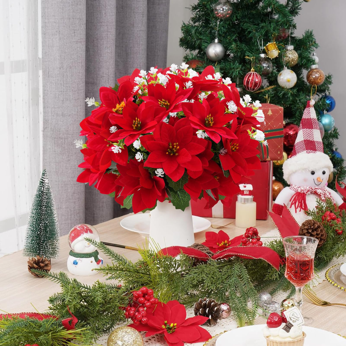 MATBAR Christmas Artificial Flowers for Outdoors Red Poinsettia Flowers Artificial 12 Bundles Mixed UV Resistant Faux Flowers for Outdoor Planters Garden Porch Patio Home Winter Decor