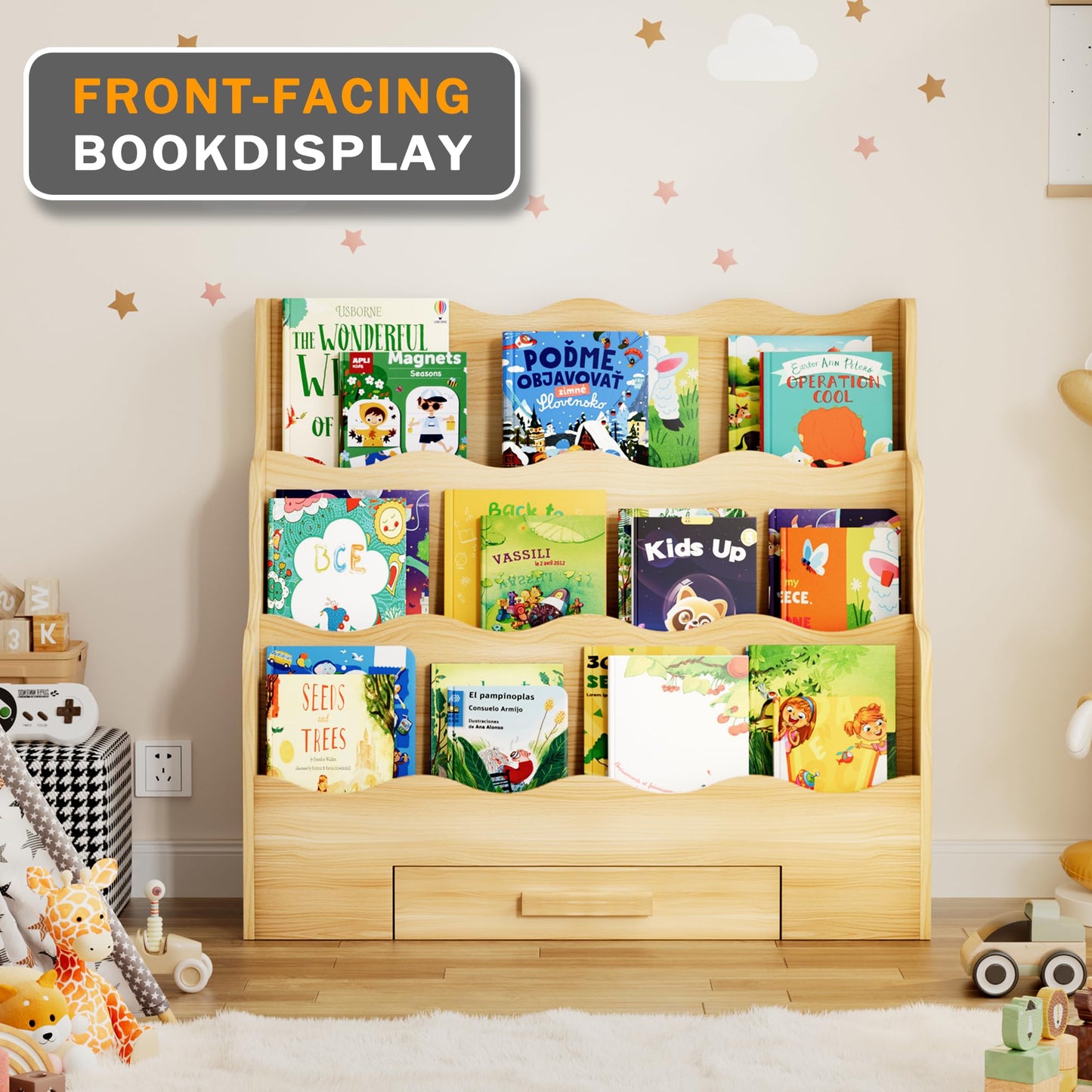 FIKSG 3-Tier Montessori Scalloped Kids Bookshelf, 29.6" Wide Natural Wood Forward Facing Bookcase for Toddlers, Children's Book Display and Organizer for Playroom, Nursery, Bedroom or Classroom