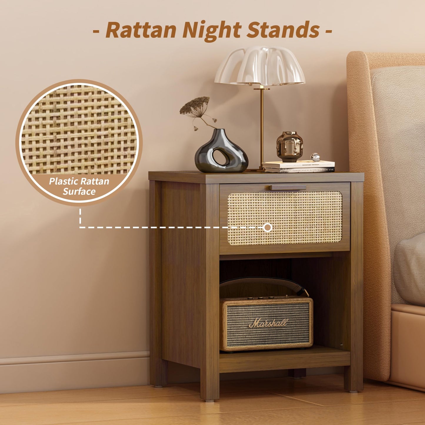 YAUKOMEL Rattan Nightstand, Mid Century Modern Bedside Table with Opening Storage,Large Side Table with Drawer,Boho Night Stand,Wooden End Table,Handmade Solid Wood Handle,Walnut CTG65BR