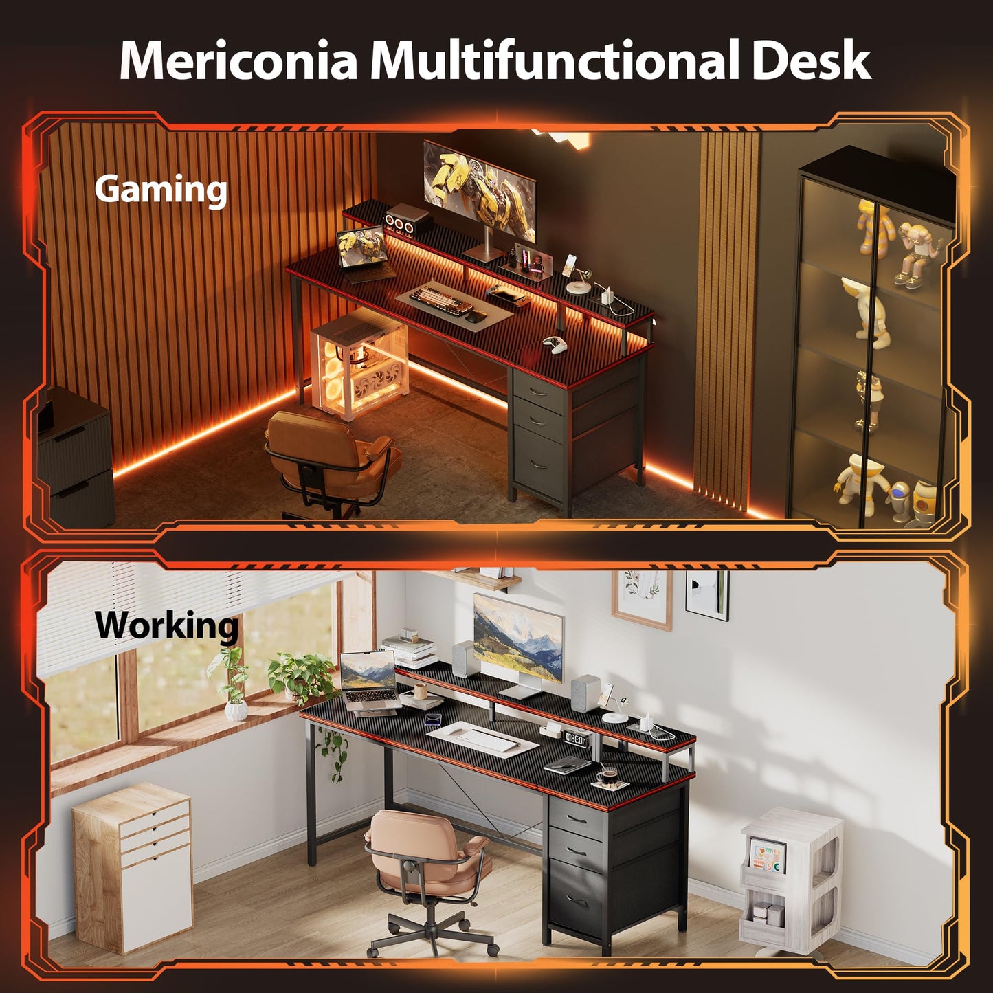 Mericonia 63 inch Computer Desk with Storage Drawers & Monitor Stand, Reversible Gaming Desk with LED Lights & Power Outlets, Large Gaming Table for Home Office