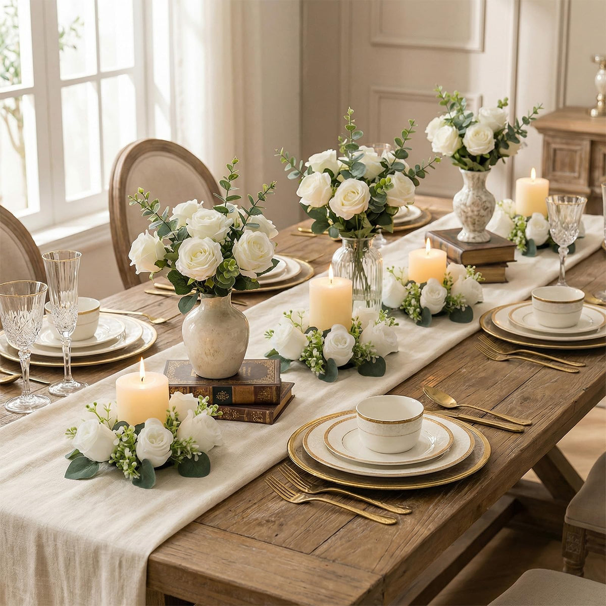 A Set of 6 White Rose Candle Wreath Rings with Artificial Floral Candle Holders and Wreaths, Ideal for Wedding Centerpieces for Tables, Party Candle Arrangement Setups