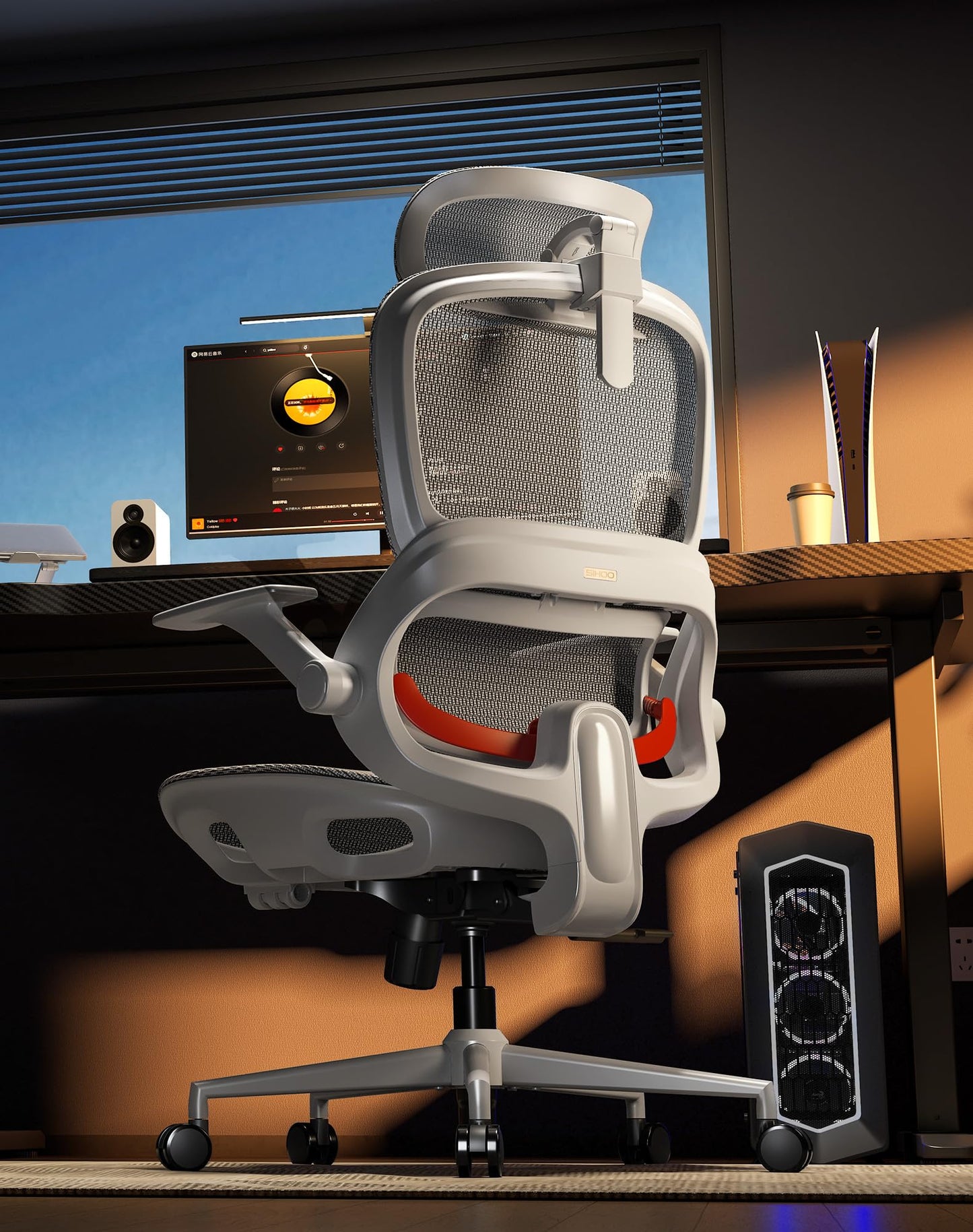 SIHOO B100 Office Chair, Comfy Ergonomic Office Chair, High Back Computer Chair with Adaptive Lumbar Support & wide Headrest, Flip-up Armrests, Swivel Desk Chair for Long Hours, WITHOUT Footrest, Grey