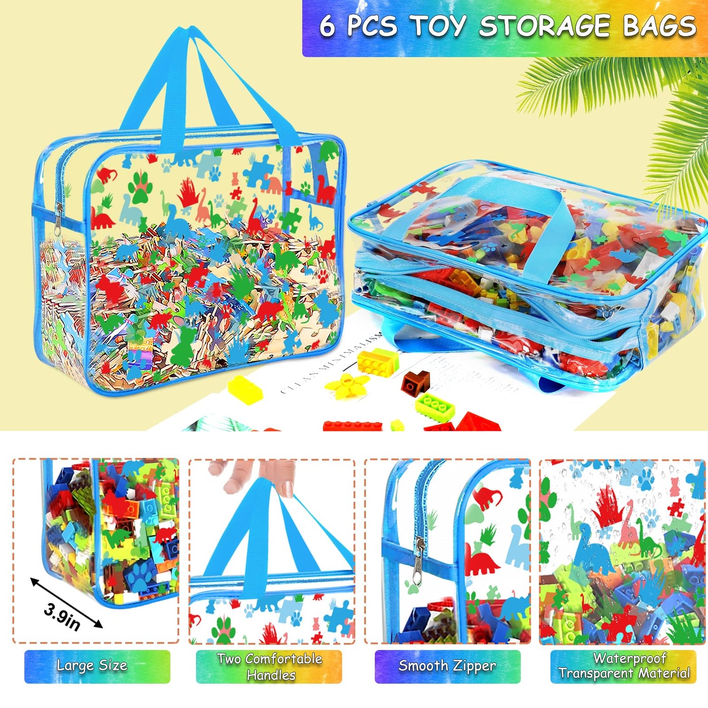 6 Packs Large Toy Storage Bags with Labels, Reusable Clear PVC Storage Bag, Travel Waterproof Organizer Bags (Blue-cute pattern)