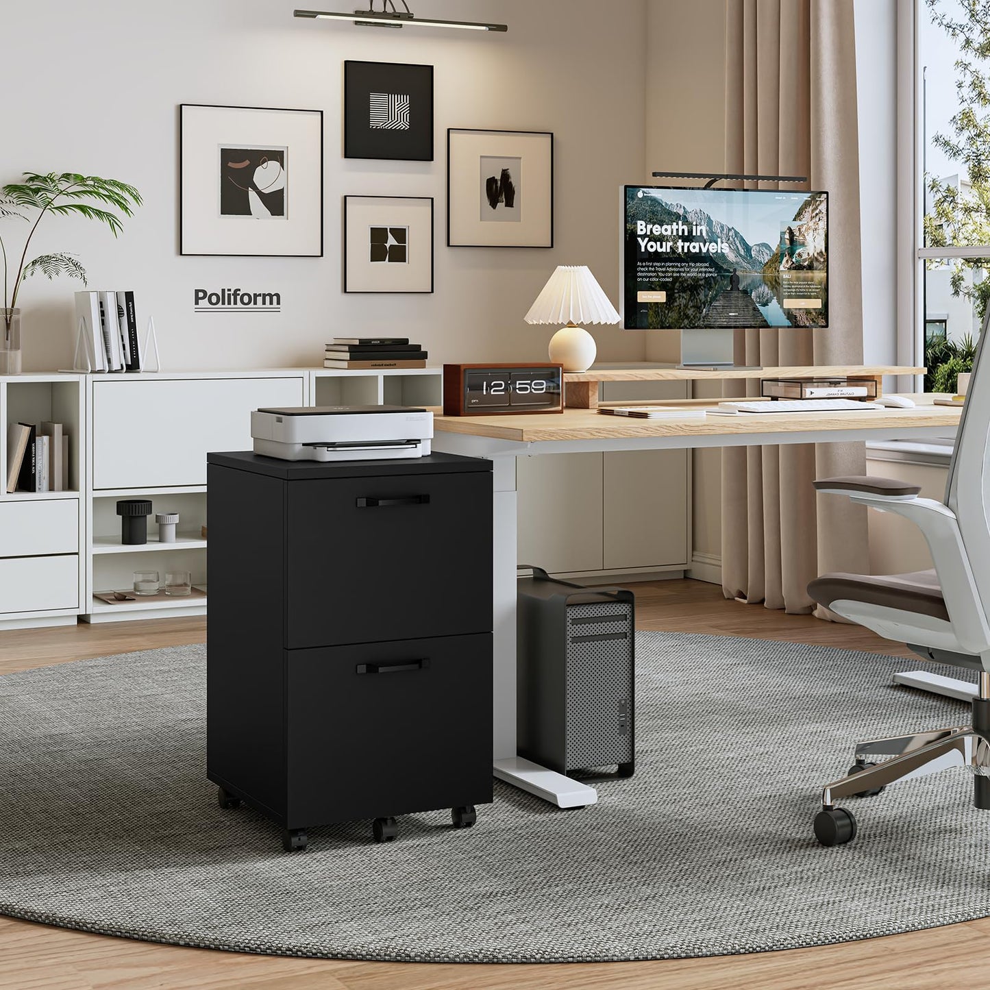 Sweetcrispy 2 Drawer Filing Cabinet Black, Rolling Wood File Cabinets, Home Office Organizer, Under Desk Storage Lockable Wheels, Printer Stand, Storage Cabinet, Black