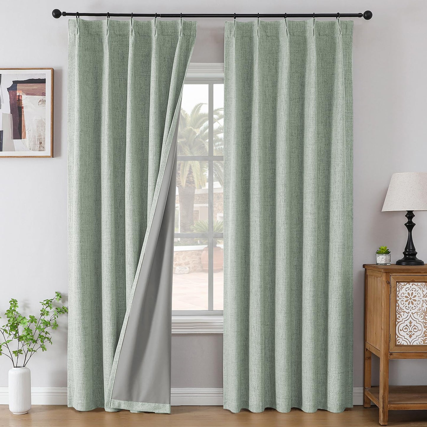Joydeco Pinch Pleated Curtains - 100% Blackout for Bedroom, Sage Green Linen Curtains 40" W x 90" L, Thermal Insulated 2 Panels Light Blocking Drapes, Back Tabs for Living Room