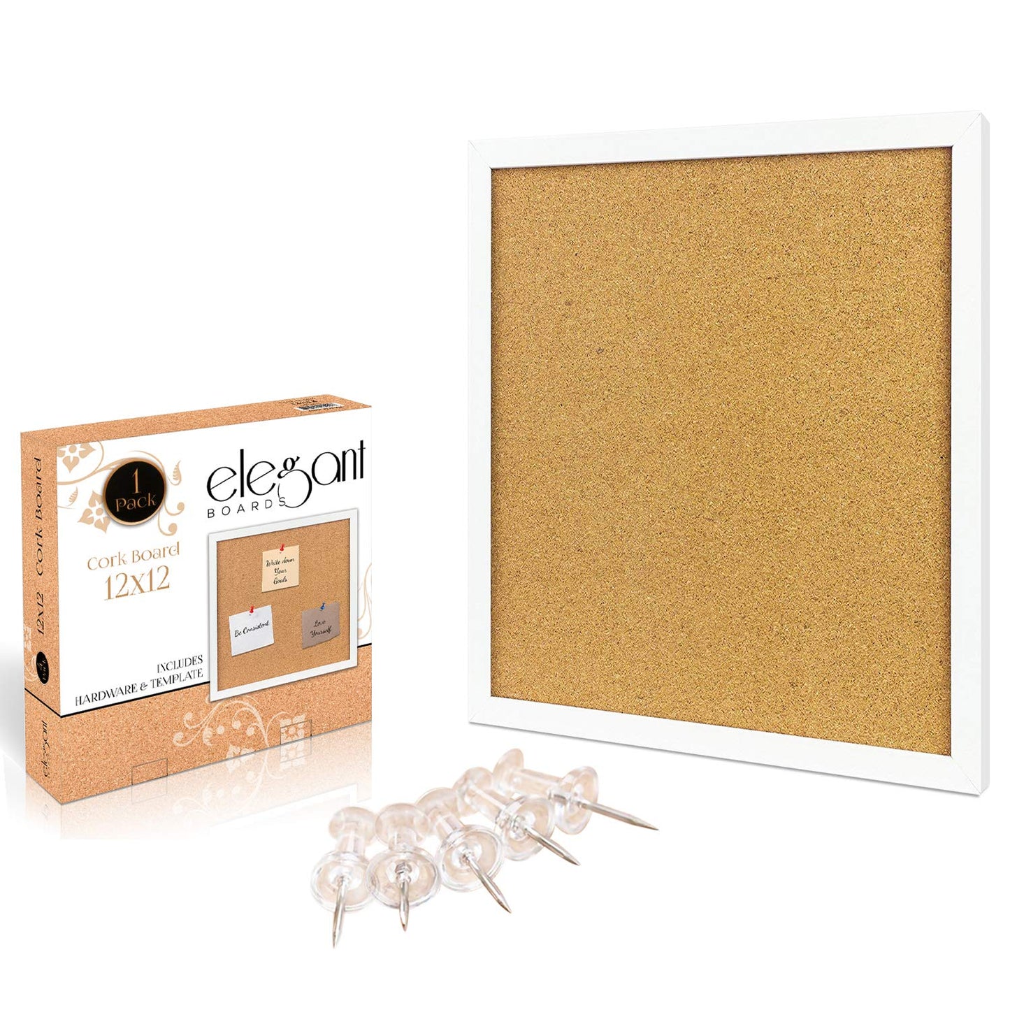 Elegant Boards Cork Bulletin Board 12"X 12" Square Wall Tile , Modern White Framed Board For Home And Office (Hardware And Template Included)